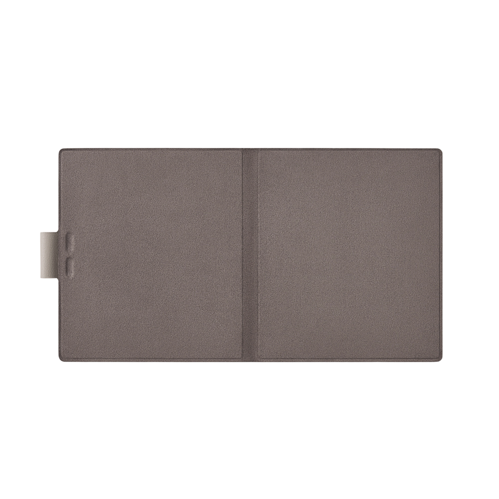 Eine dunkelgraue Boox Tablet-Hülle, geöffnet. Die Hülle hat zwei Seiten und eine kleine Lasche.