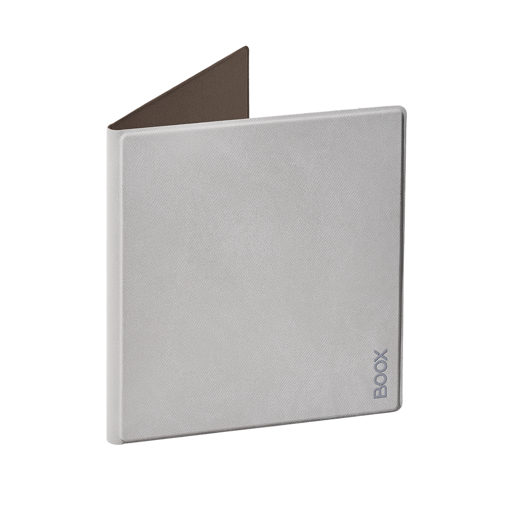 Eine hellgraue Boox Tablet-Hülle, geöffnet. Die Hülle ist weiß mit einer braunen Innenseite.