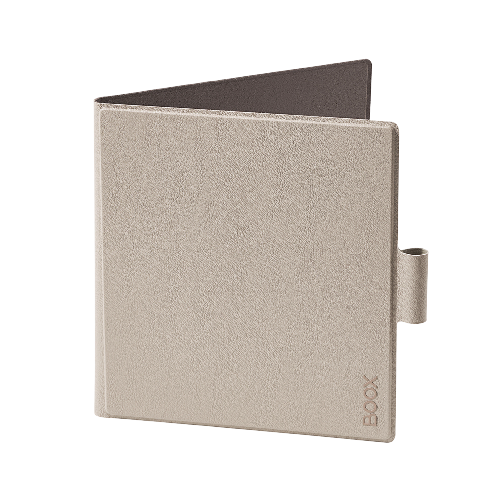 Beige E-Reader-Hülle, BOOX-Logo unten rechts. Schwarzer Hintergrund.