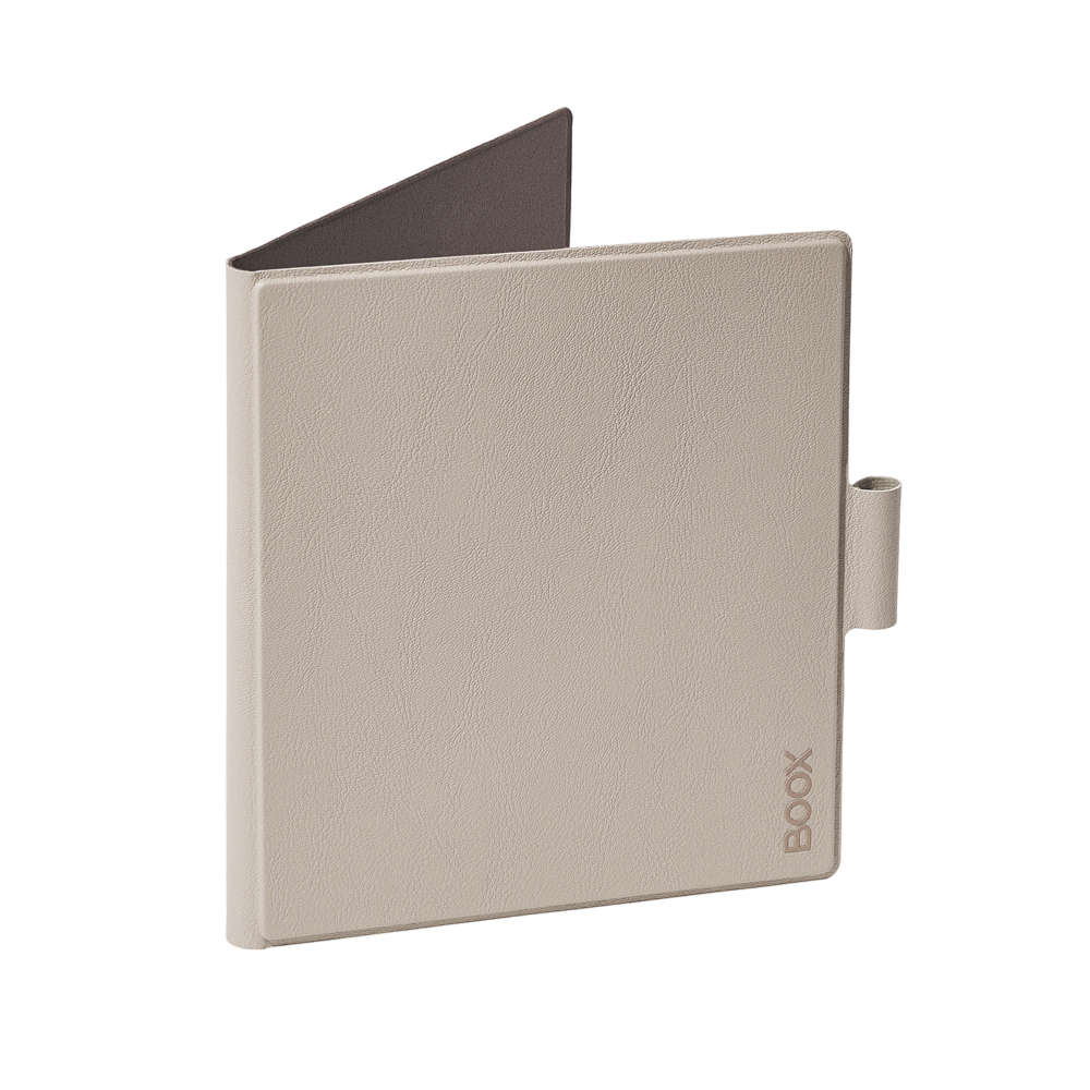 Eine hellbraune Boox Tablet-Hülle, geöffnet. Die Hülle hat zwei Seiten und eine kleine Lasche.