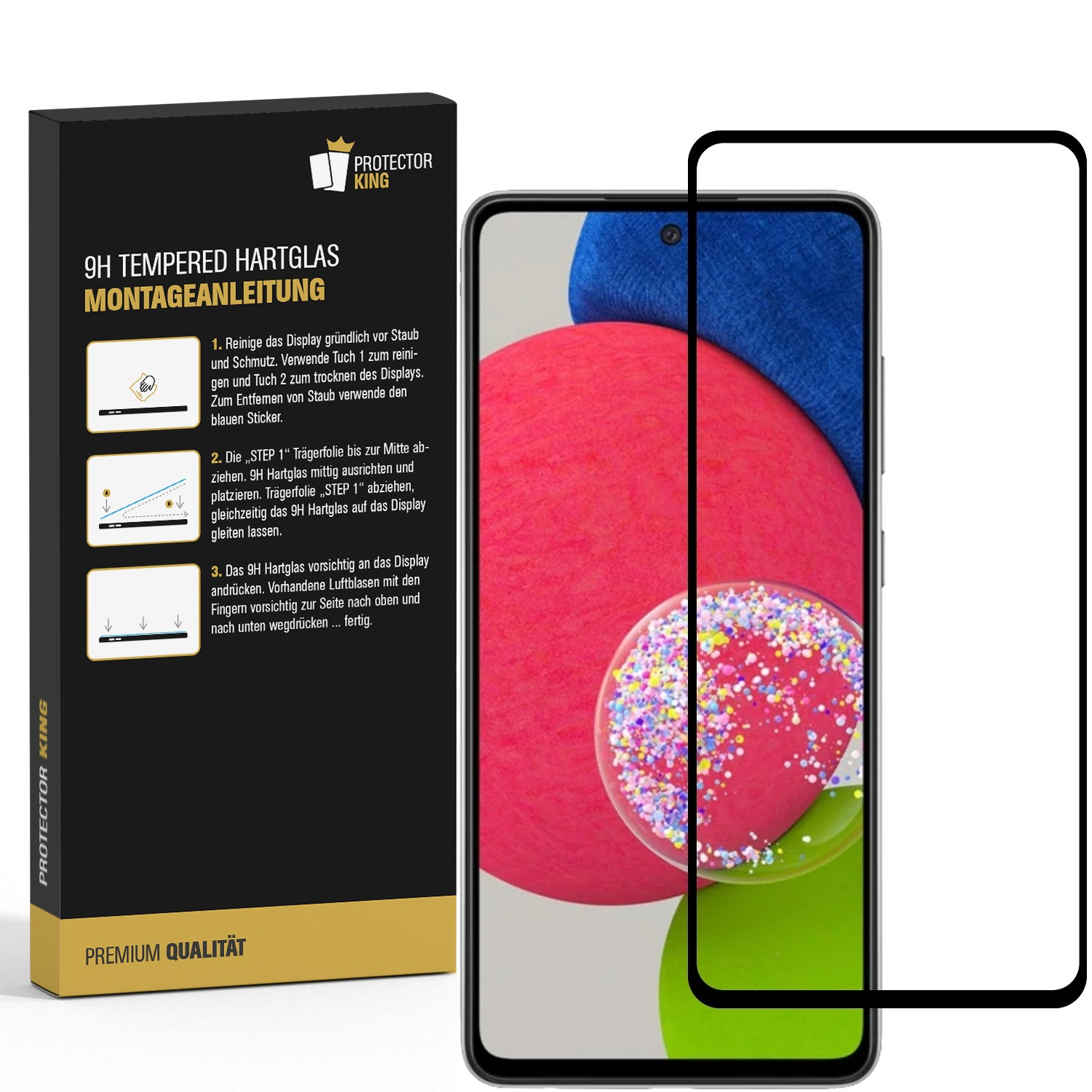 Ein Telefon mit Displayschutzfolie, eine Box mit Anweisungen. Telefon hat einen bunten Hintergrund.