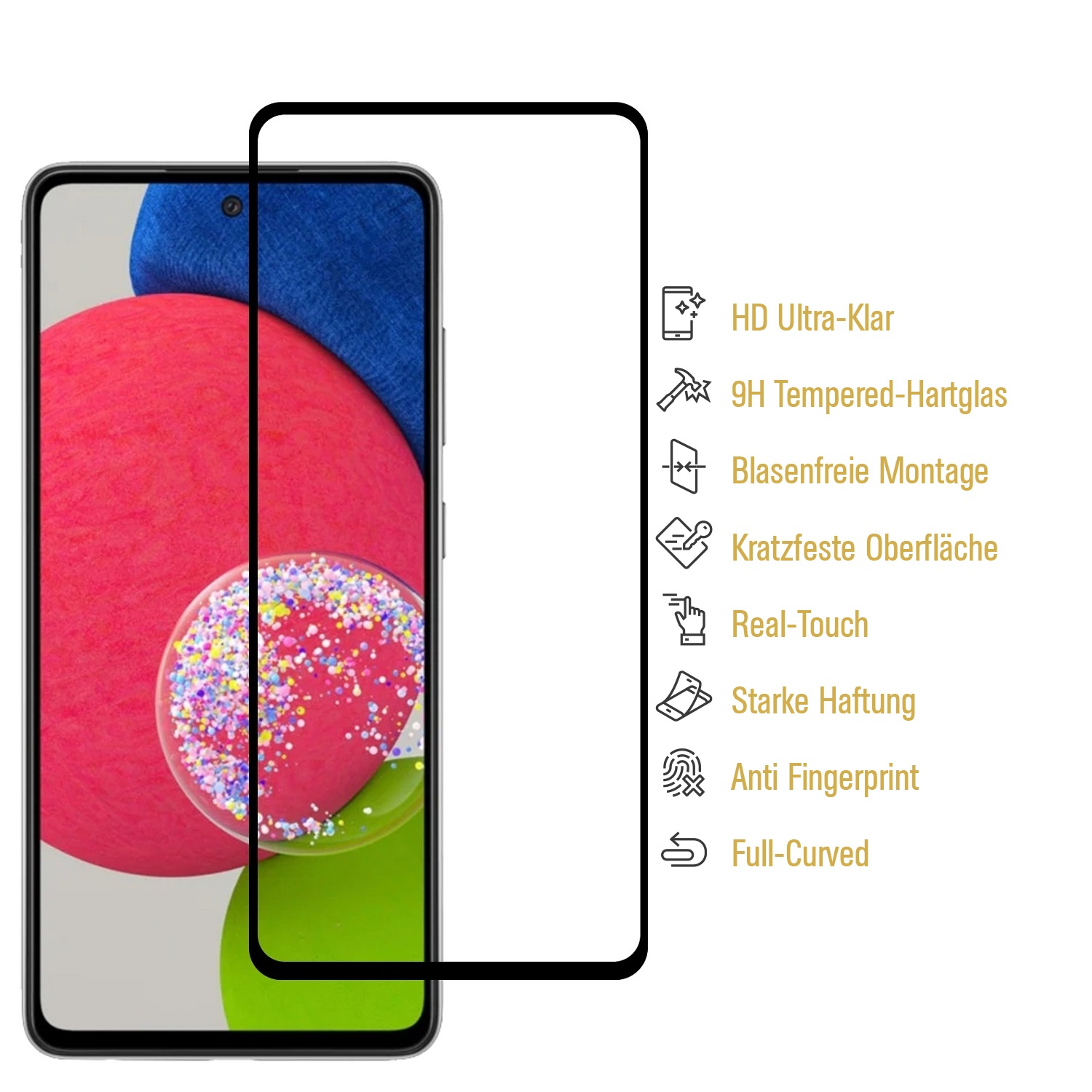 Ein Smartphone mit Displayschutzfolie, Icons, die Funktionen anzeigen, auf weißem Hintergrund.