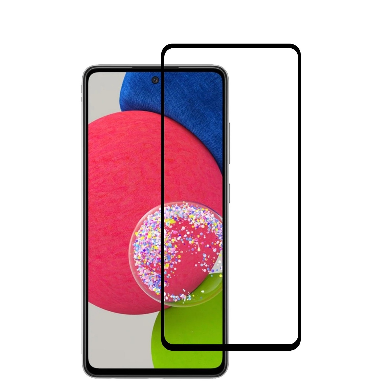 Ein Smartphone mit angebrachter Displayschutzfolie, mit farbenfrohem Hintergrund.