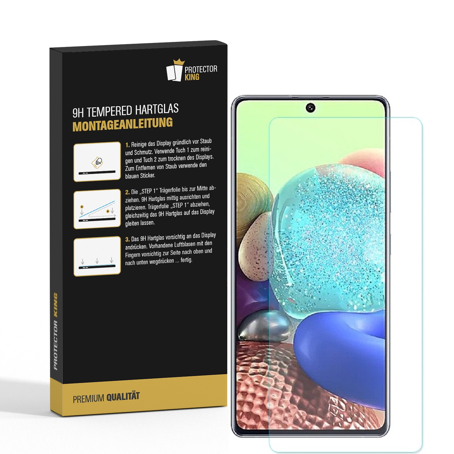 Smartphone mit Schutzfolie und Installationsanleitung auf weißem Hintergrund.