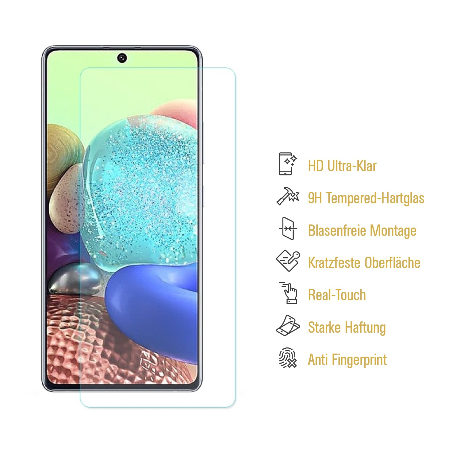 Telefon mit Displayschutz und Symbole rechts.