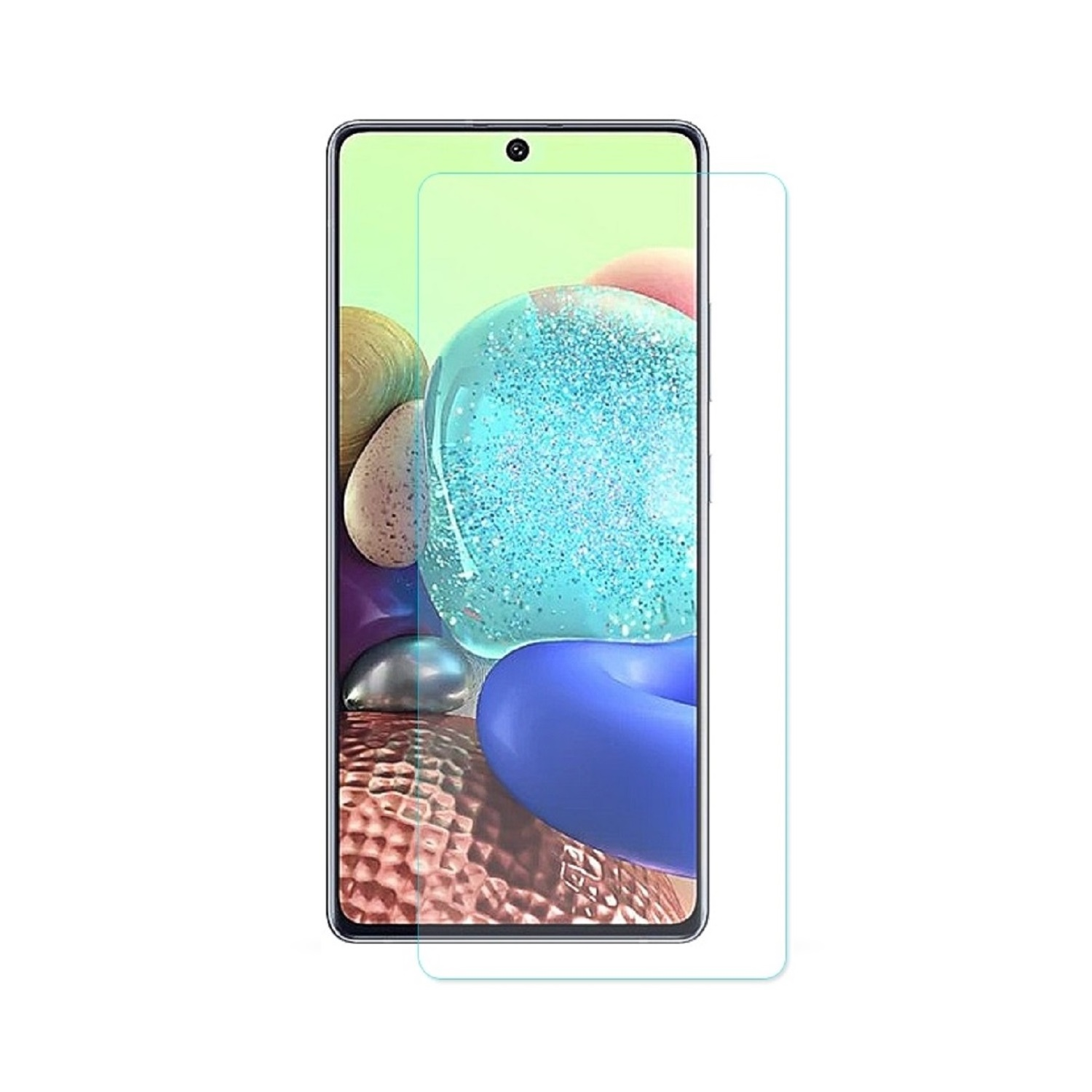 Smartphone mit angebrachter Displayschutzfolie, mit farbenfrohem Hintergrund.