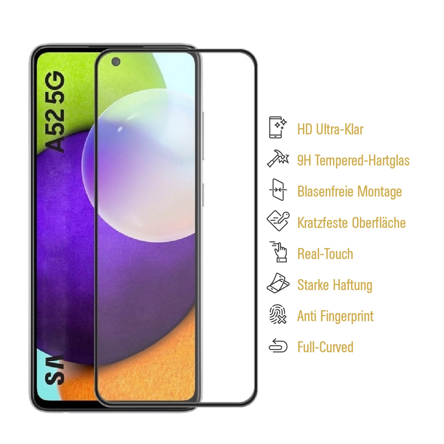 Smartphone mit Displayschutzfolie und Icons auf weißem Hintergrund.