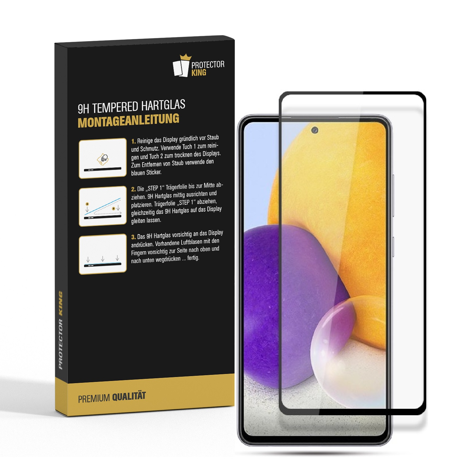 Telefon mit Displayschutz neben einer Box mit Anweisungen.