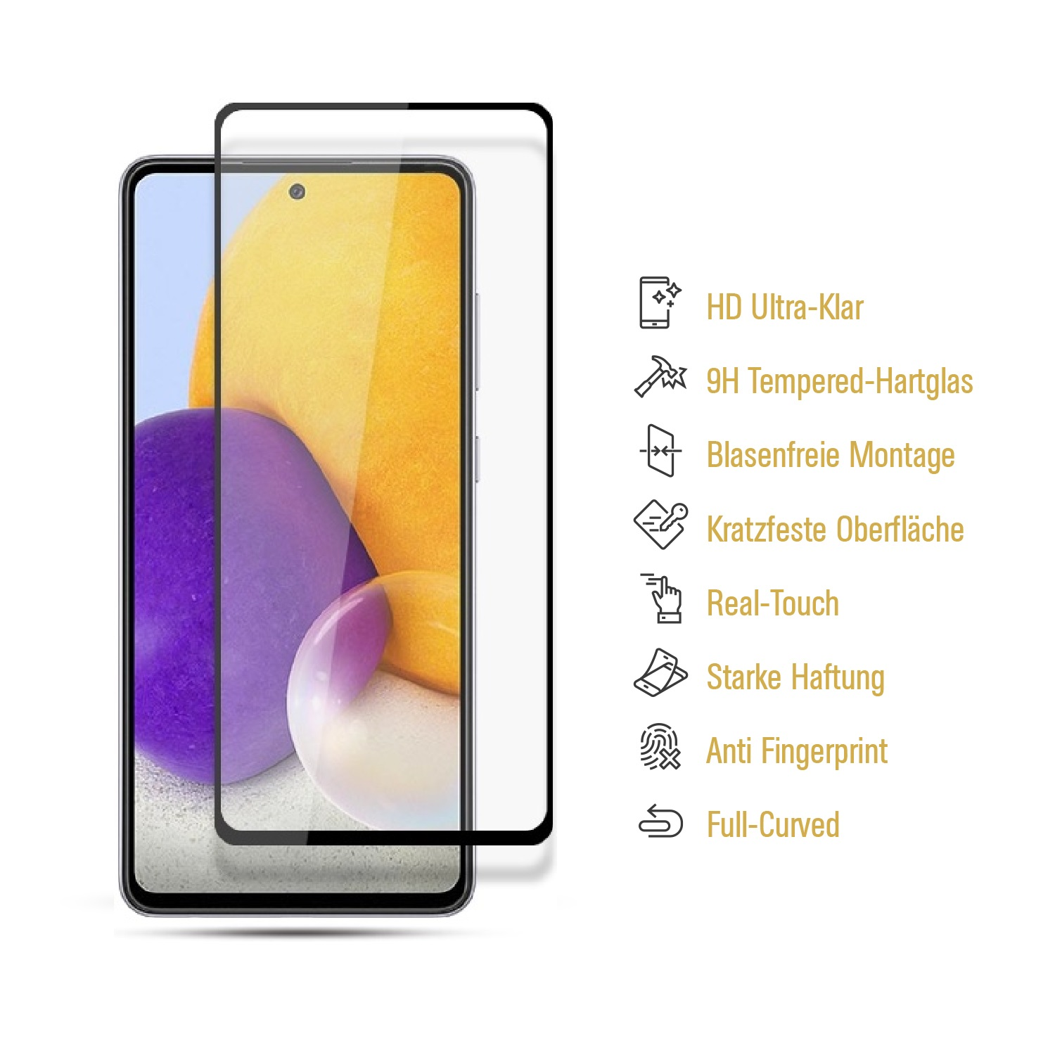 Ein Telefon mit Displayschutzfolie und Symbolen auf weißem Hintergrund.
