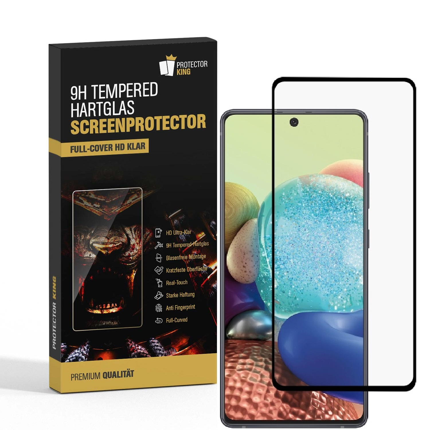Ein Telefon mit Displayschutzfolie, eine Box mit Infos. Telefon hat einen bunten Hintergrund.