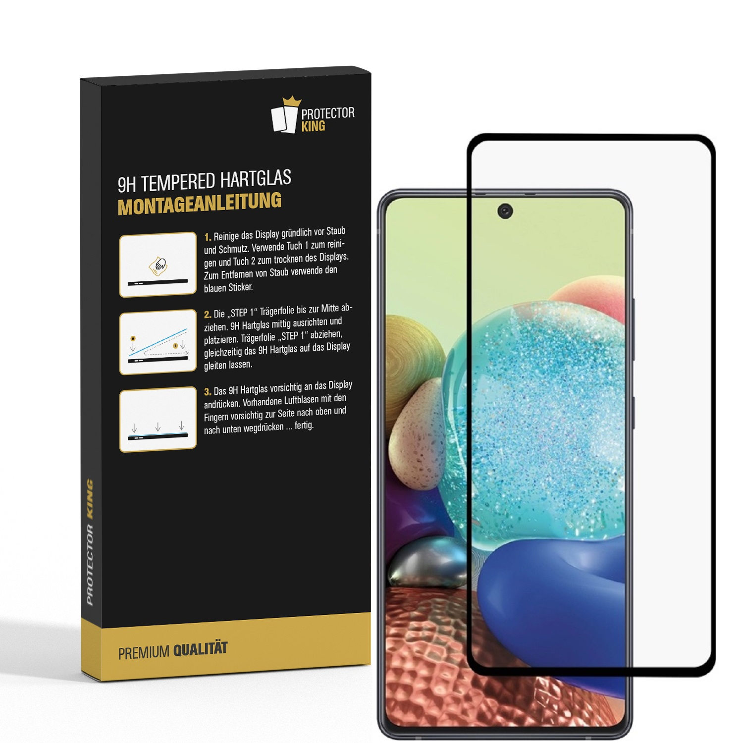 Smartphone mit Schutzfolie und Installationsanleitung auf weißem Hintergrund.