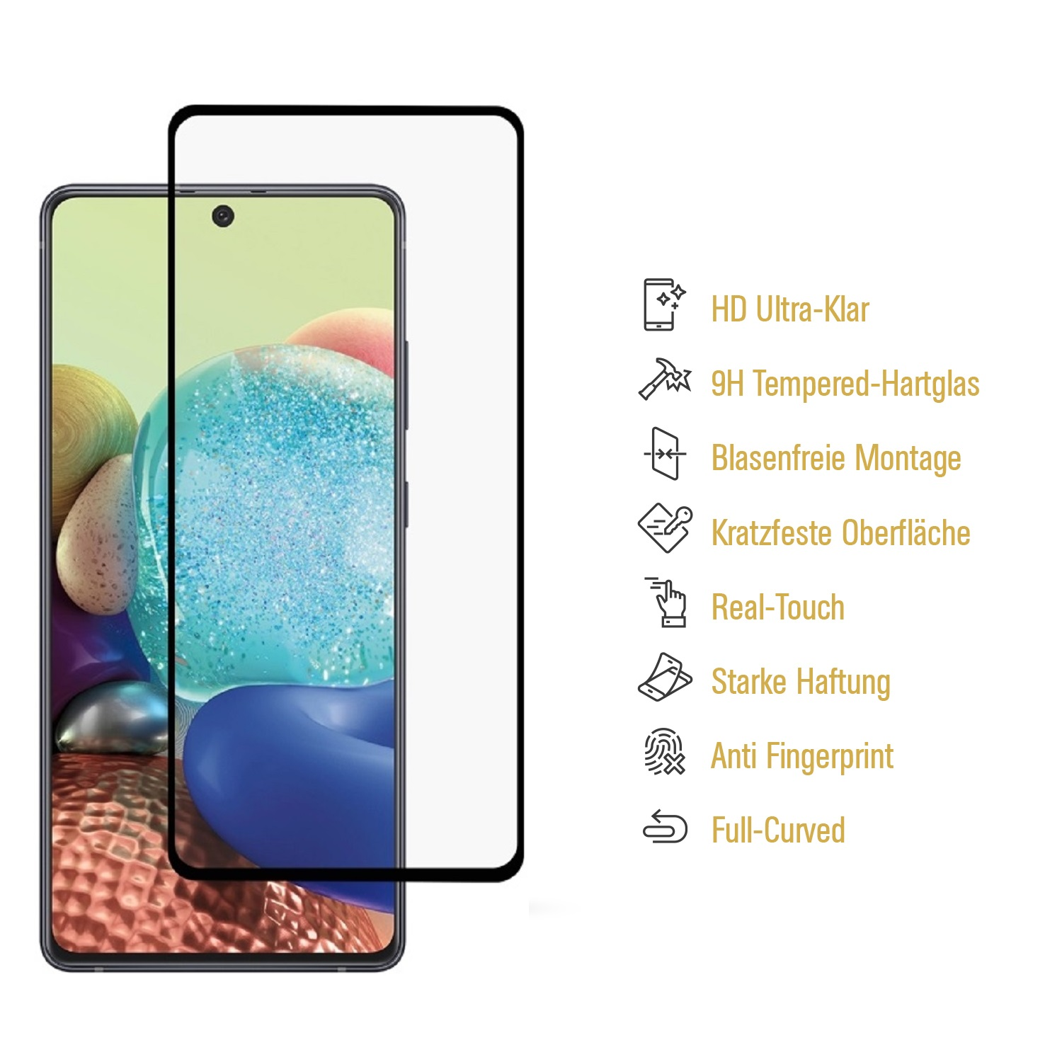 Telefon mit Displayschutz und Symbolen rechts.