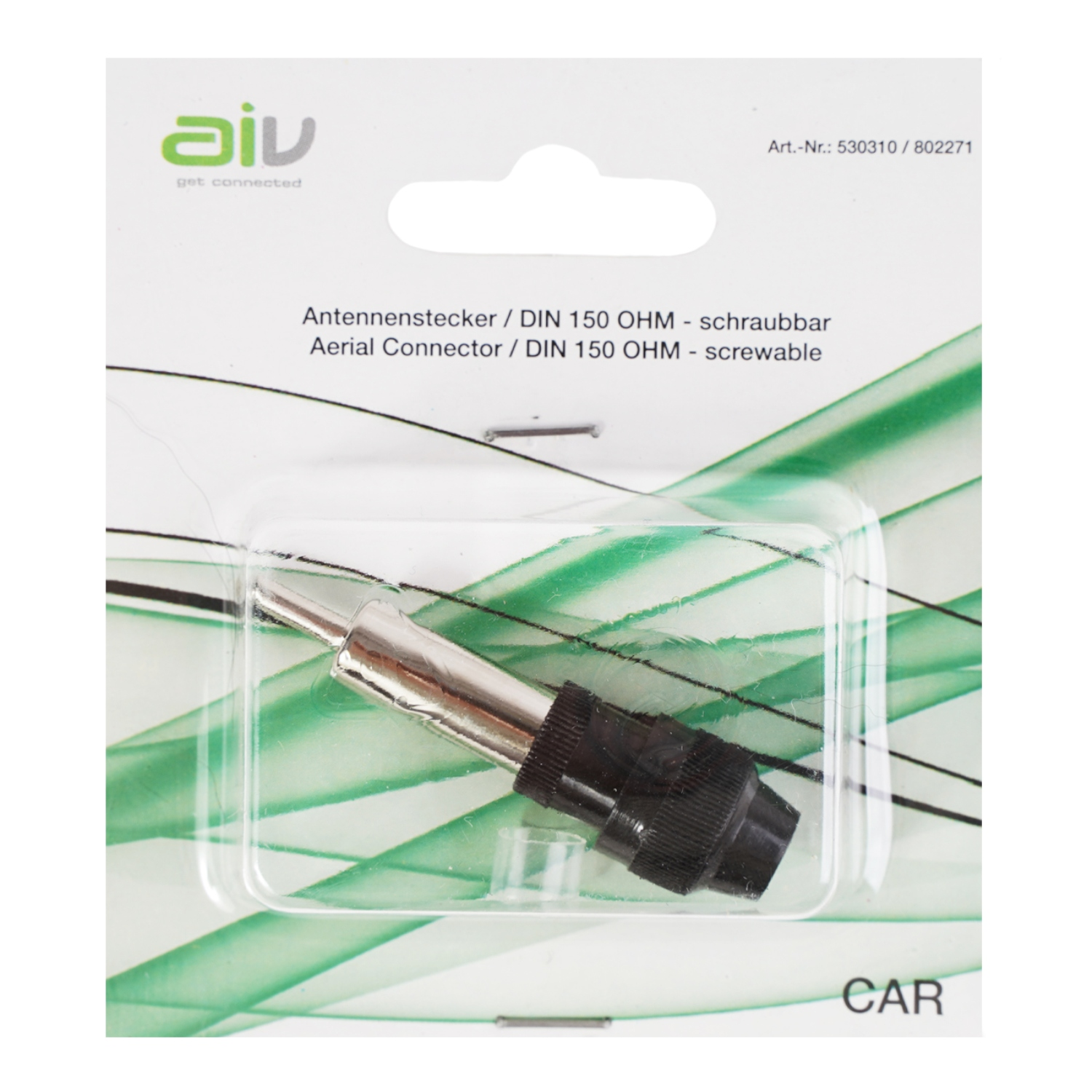 Autoantennenadapter in einer Kunststoffverpackung mit Produktdetails auf weißem Hintergrund.