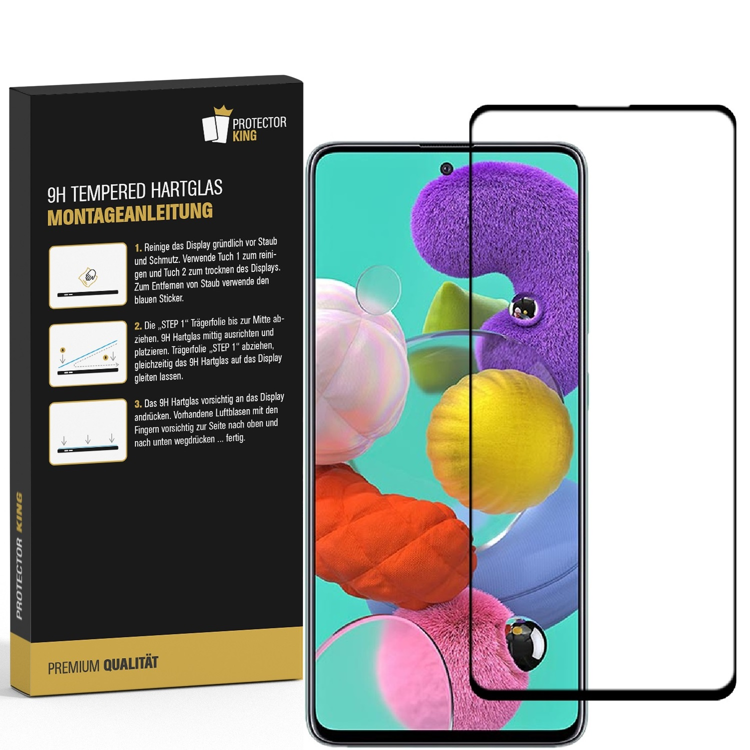 Ein Telefon mit Displayschutzfolie und Anweisungen. Telefon hat einen bunten Hintergrund.