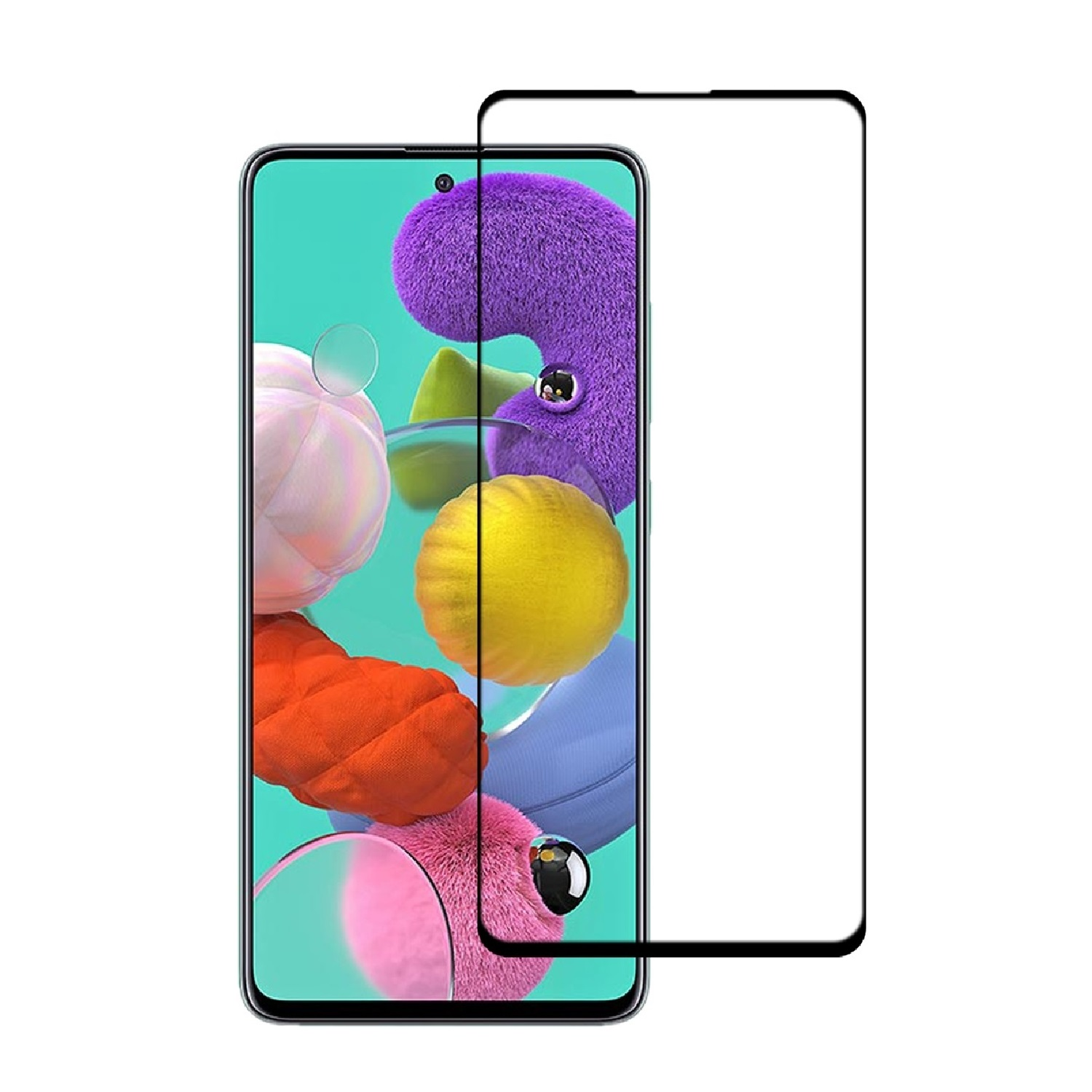 Ein Telefon mit Displayschutzfolie. Das Telefon hat einen bunten Hintergrund mit Kugeln.