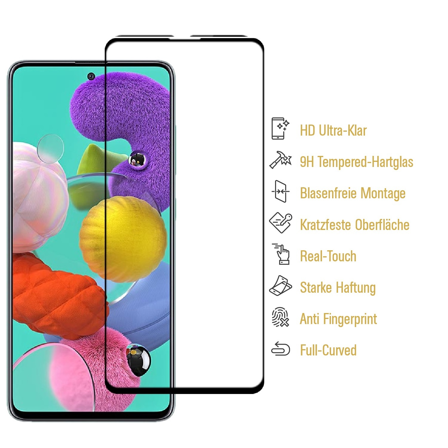 Telefon mit Displayschutz, farbenfroher Hintergrund mit Symbolen rechts.