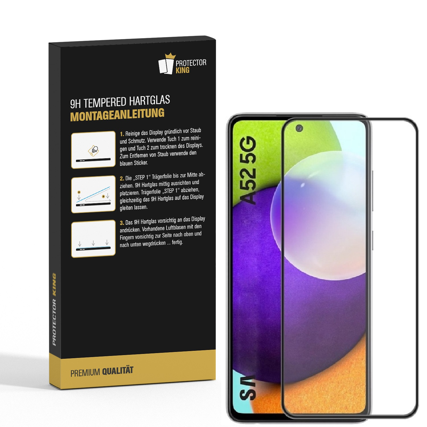 Telefon mit Displayschutz neben einer Box mit Anweisungen.