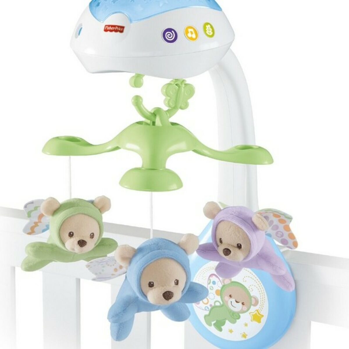 Mobile per bambini con orsetti blu, verdi e viola. Sponda del lettino bianca. Proiettore blu e bianco.