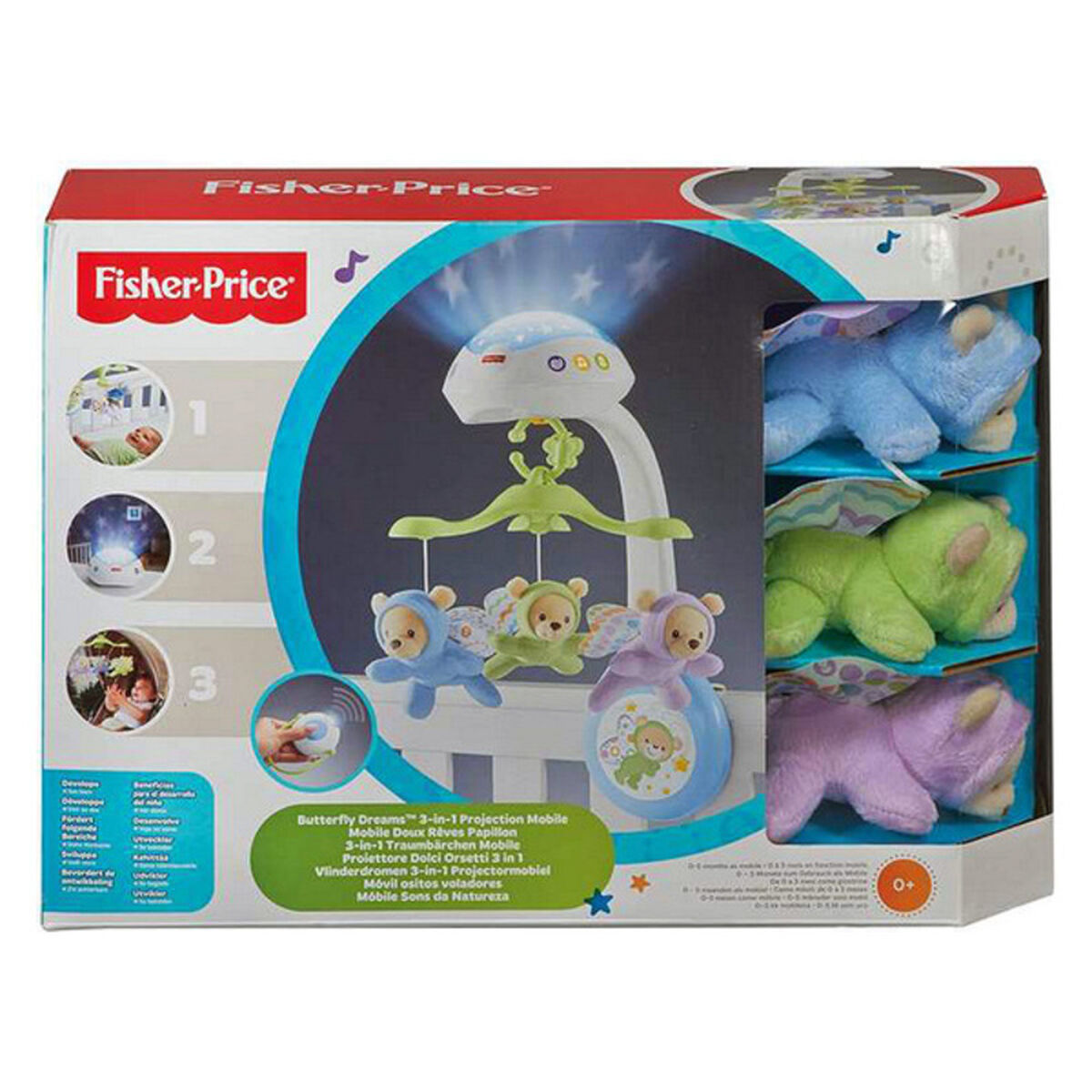 Mobile Fisher-Price con orsi e farfalle. La scatola mostra le caratteristiche del prodotto e una vista del mobile.