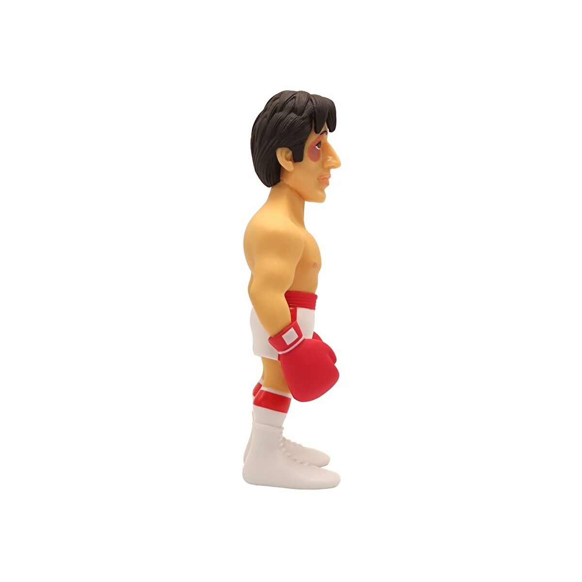Figura de dibujos animados de Rocky Balboa con atuendo de boxeo, guantes rojos, pantalones cortos blancos y botas.