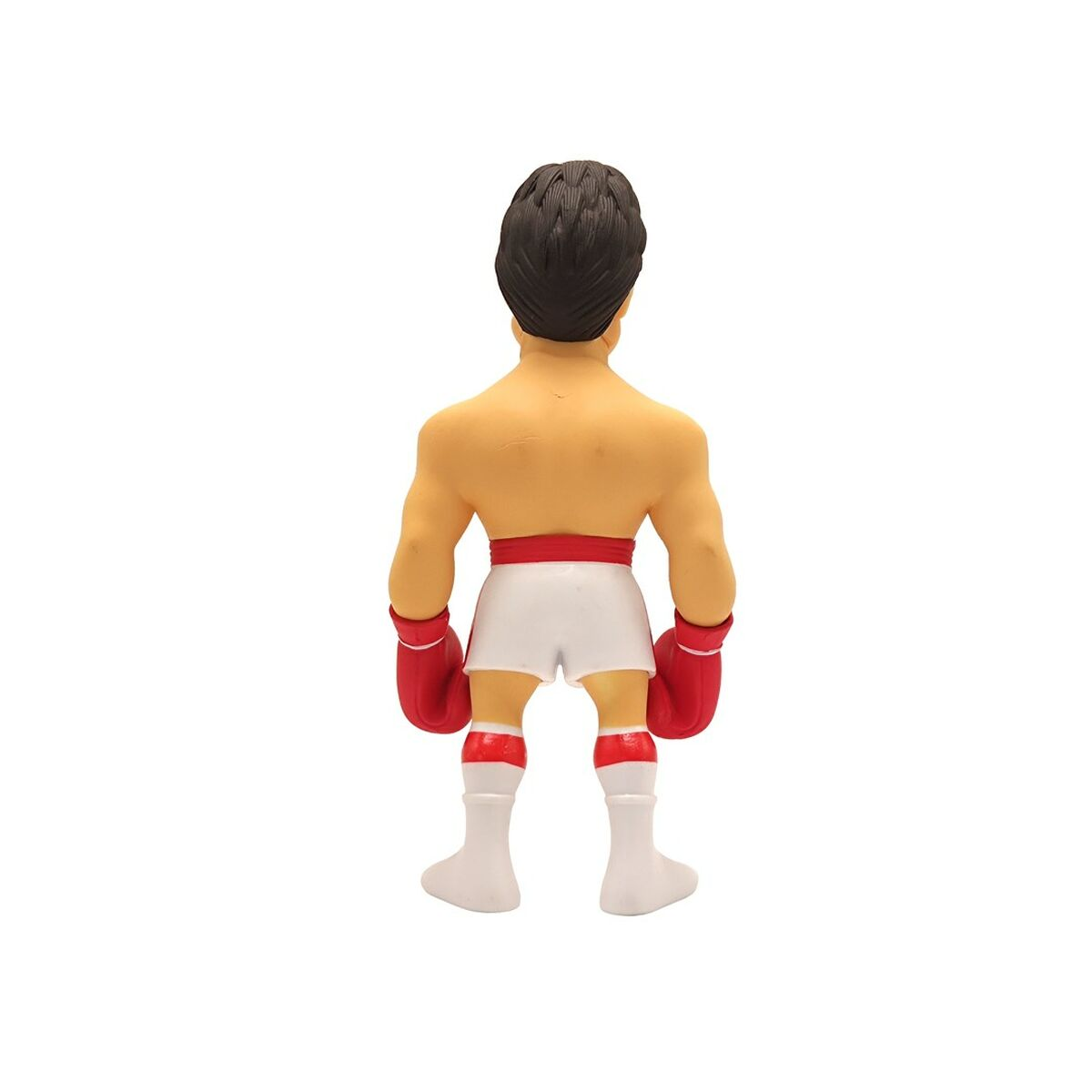 Figura de dibujos animados de Rocky Balboa desde la espalda, con pantalones cortos de boxeo, guantes y botas.