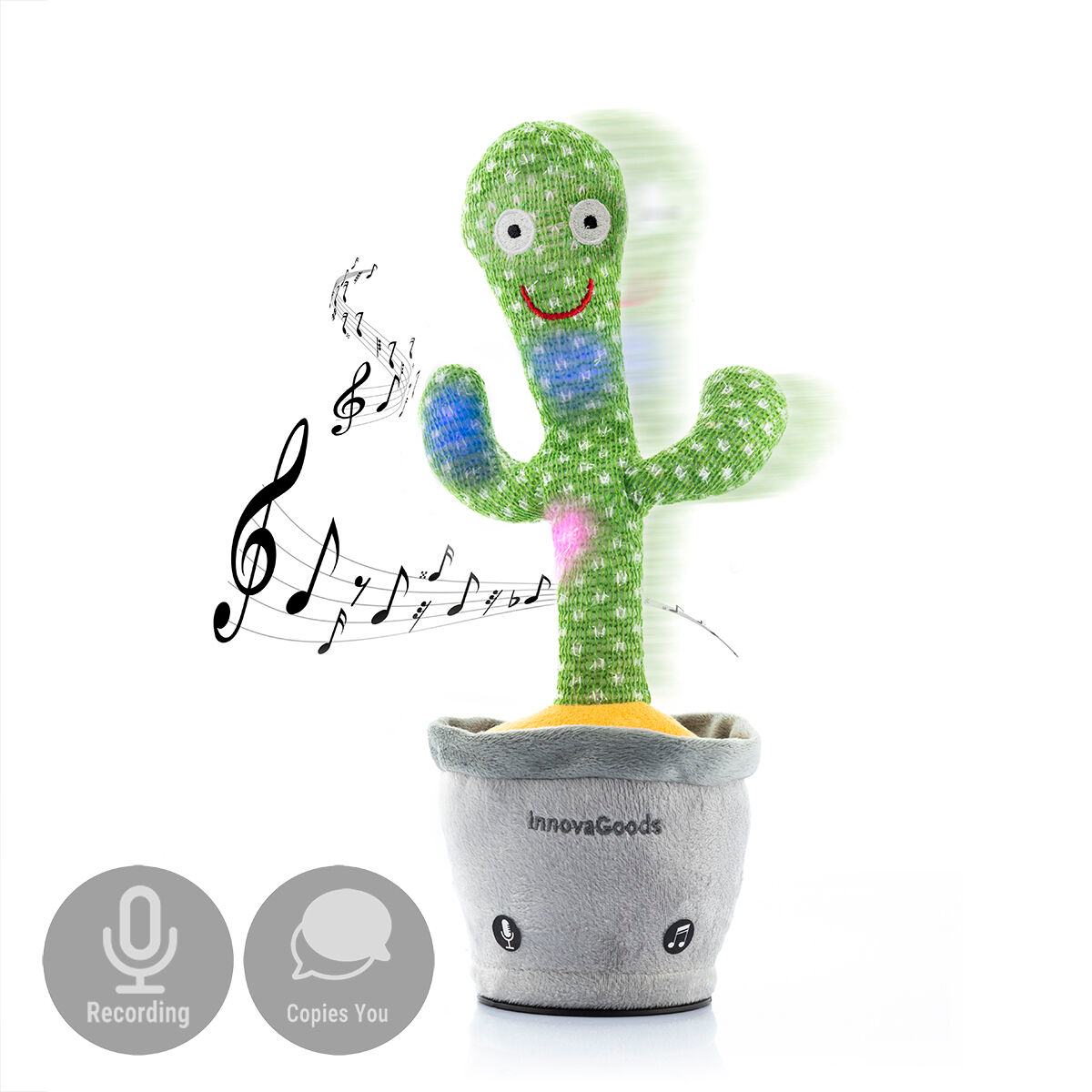 Giocattolo cactus danzante con una faccia sorridente e note musicali. Ha un vaso e funzioni di registrazione e copia.