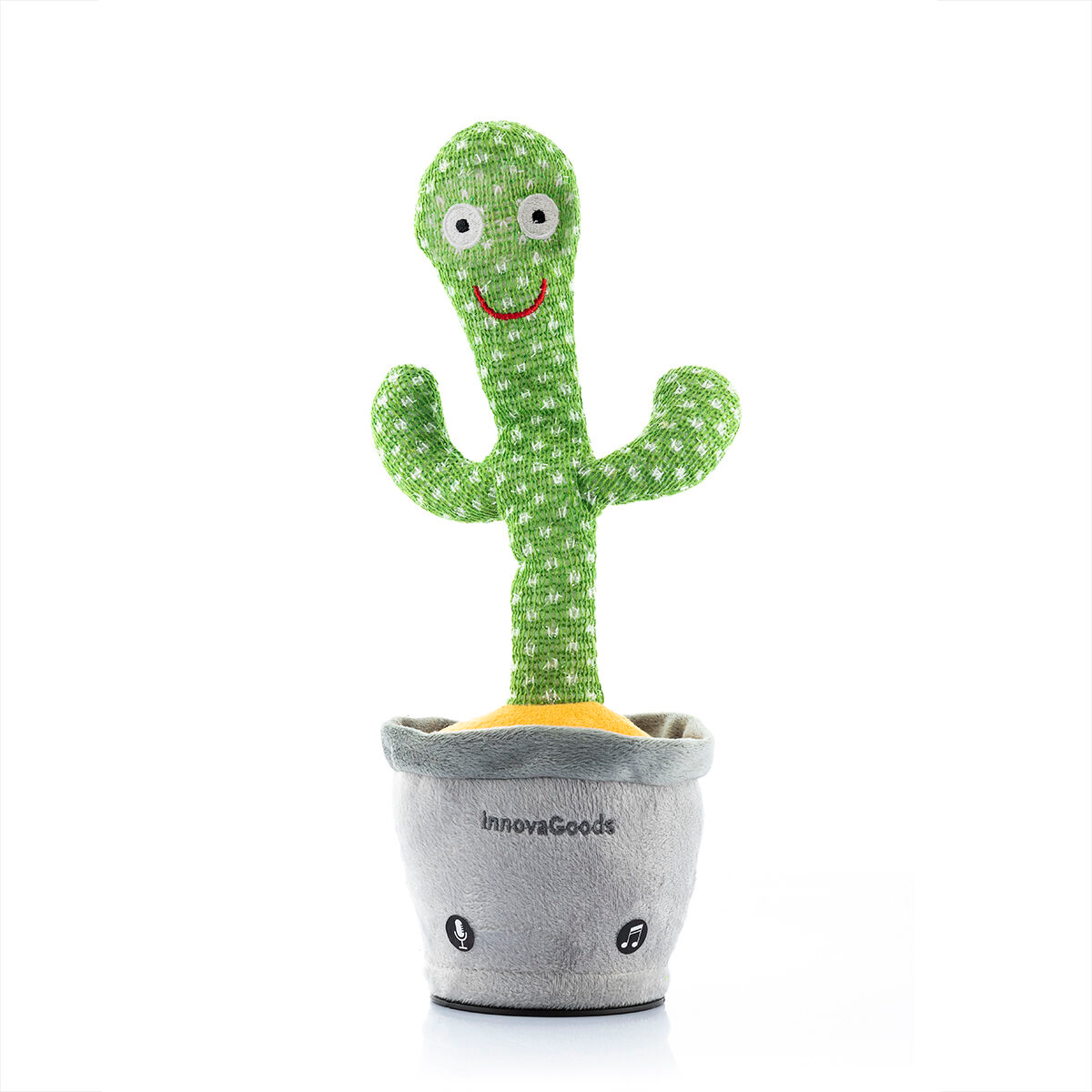 Giocattolo cactus verde con un volto sorridente in un vaso grigio. Sembra amichevole e si trova su uno sfondo bianco.