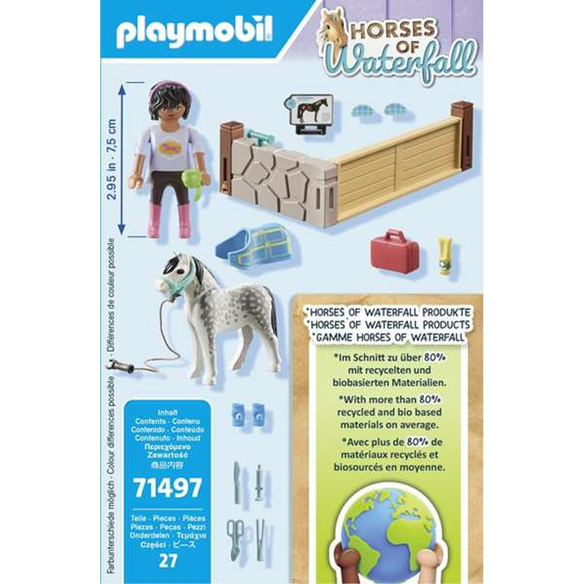 Pudełko Playmobil z figurką, koniem i akcesoriami. Tekst w wielu językach.