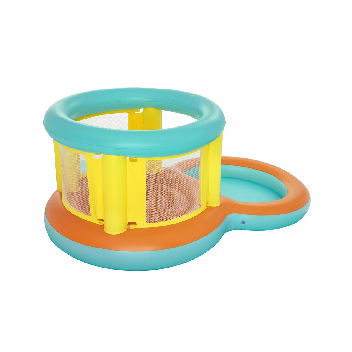 Piscina inflable con zona de salto redonda y una pequeña piscina adjunta. Colores turquesa, amarillo y naranja.