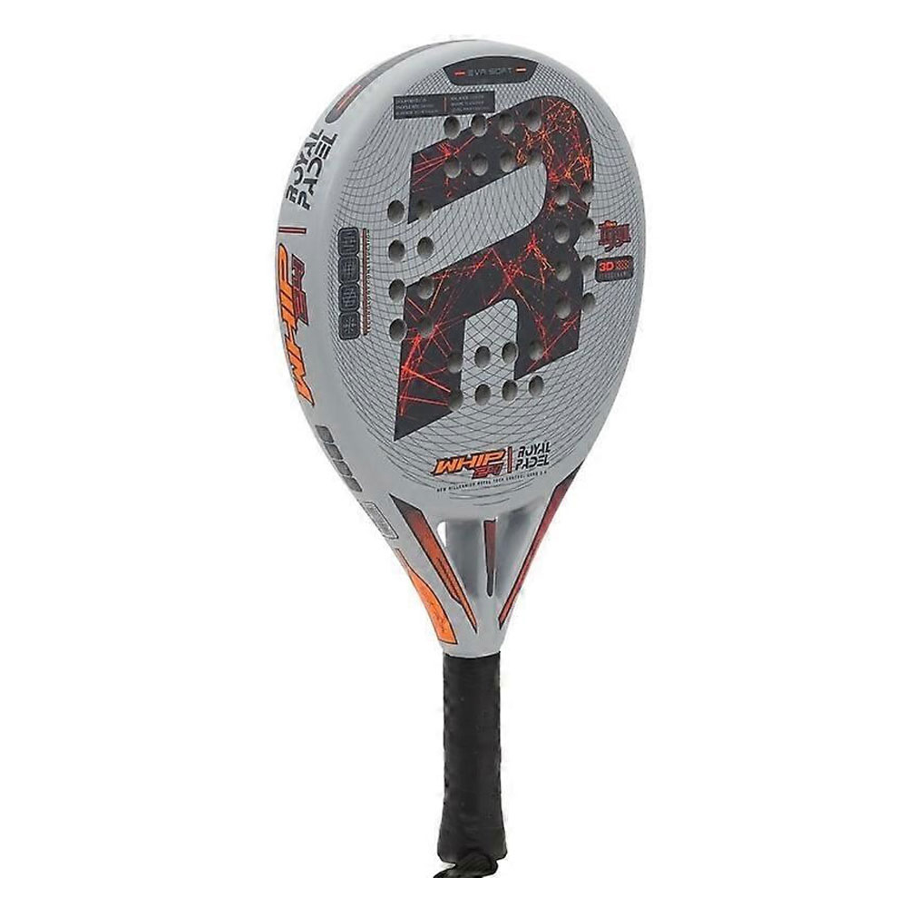 Raqueta de pádel gris y naranja, marca Royal Padel, sobre fondo blanco.