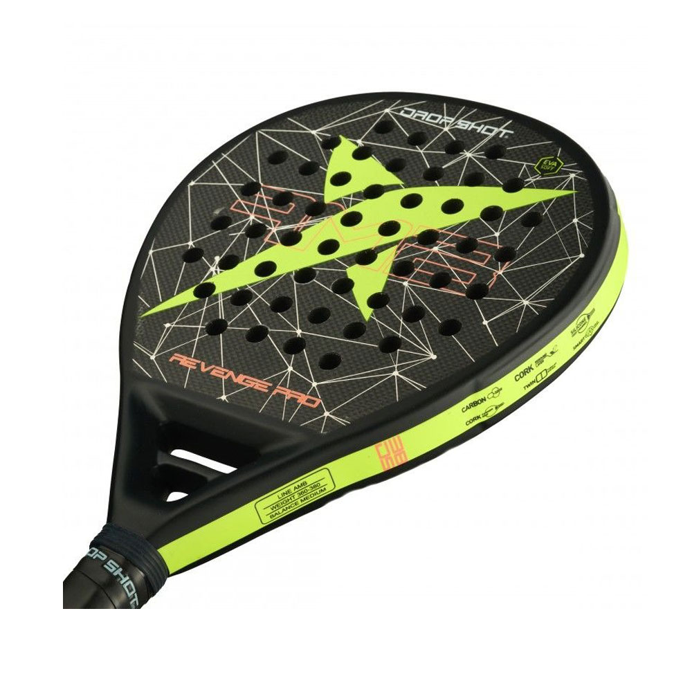 Raqueta de pádel negra con diseño de estrella amarilla y texto Revenge Pro.