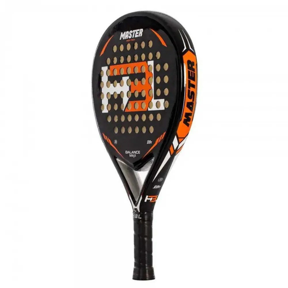 Racchetta HBL nera e arancione. Testo e fori bianchi. Manico nero e arancione.