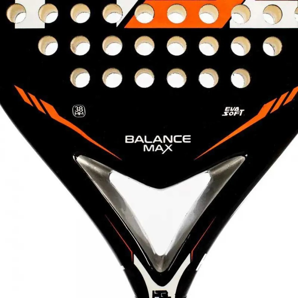 Racchetta nera con dettagli bianchi e arancioni. Testo 'BALANCE MAX'. Fori in alto.