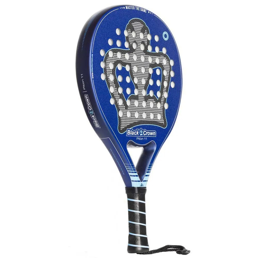Raqueta de pádel azul Black Crown con diseño de corona negra y agujeros blancos. Mango blanco y negro.