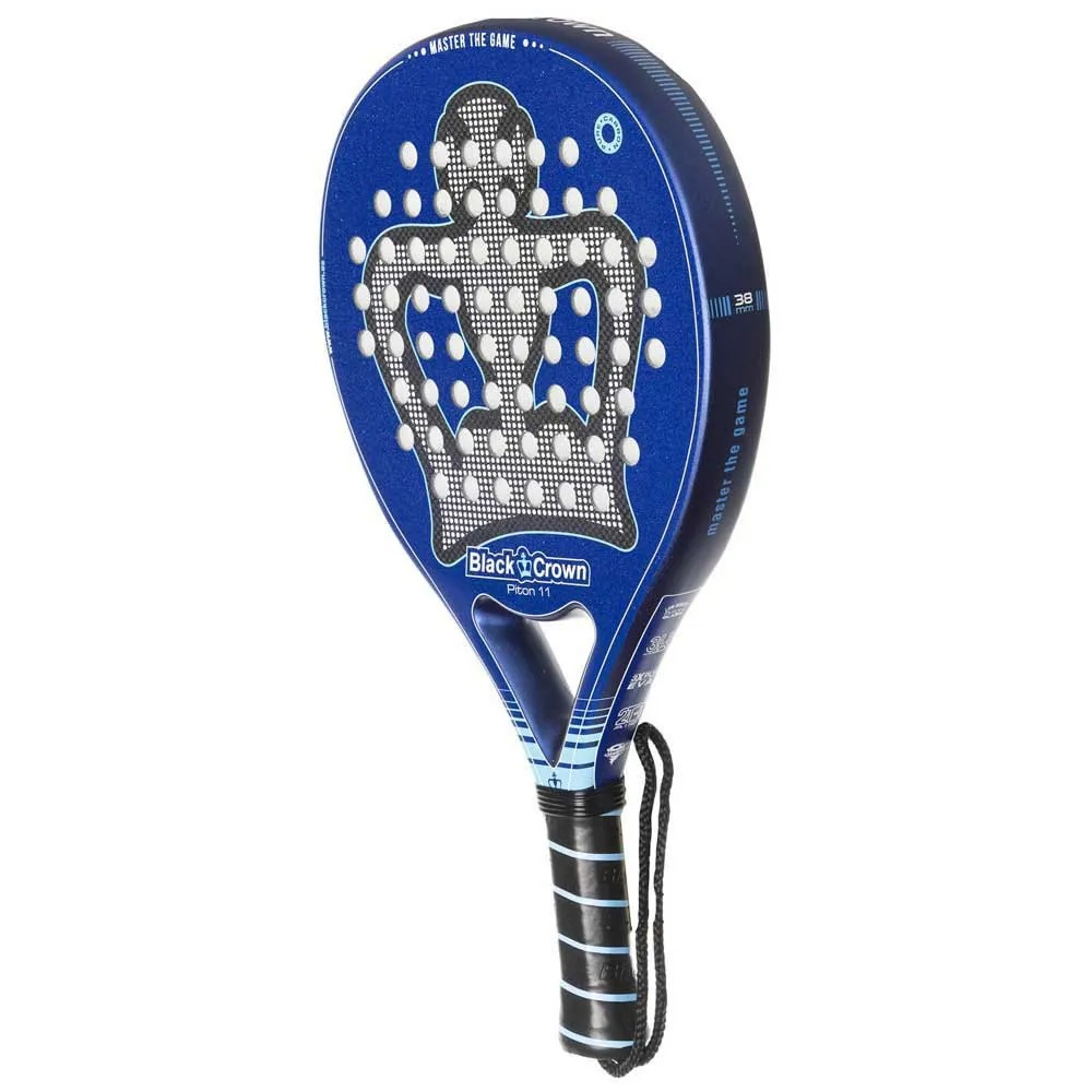 Raqueta de pádel azul Black Crown, diseño de corona negra con agujeros blancos, mango blanco y negro.
