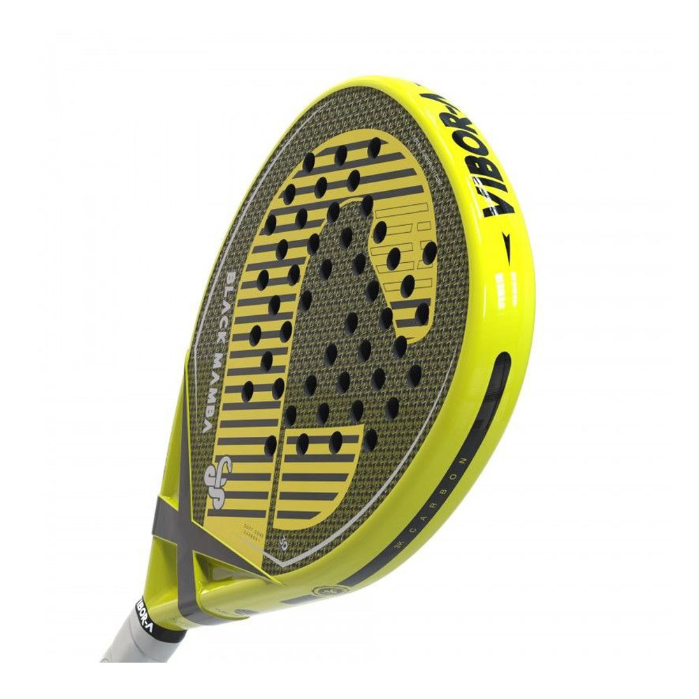 Raqueta de pádel Vibora amarilla y negra. Texto Black Mamba. Mango negro. Detalles amarillos.