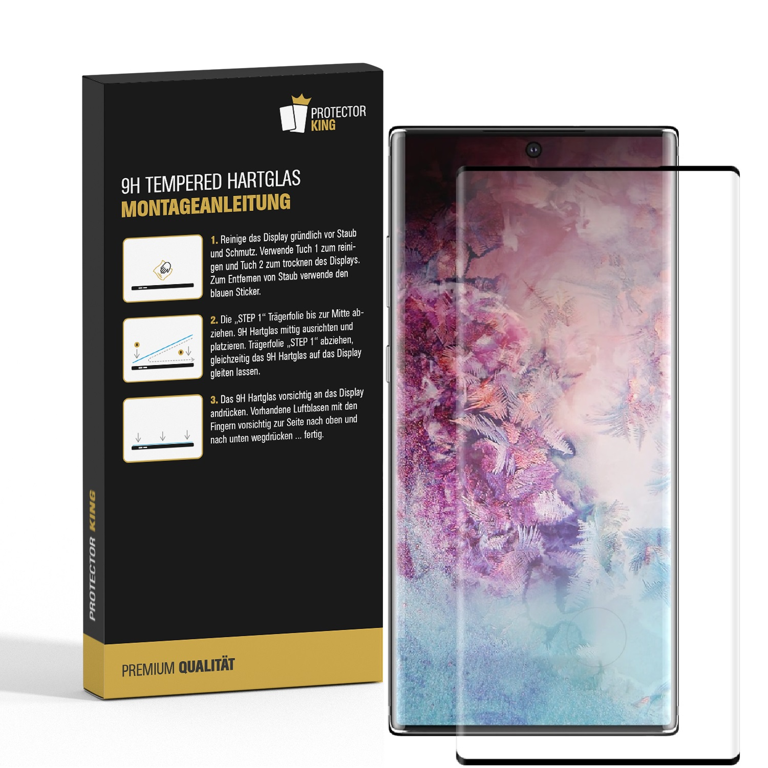 Ein Telefonbildschirm mit einer Displayschutzfolie neben einer Box mit Anweisungen zum Anbringen der Folie.