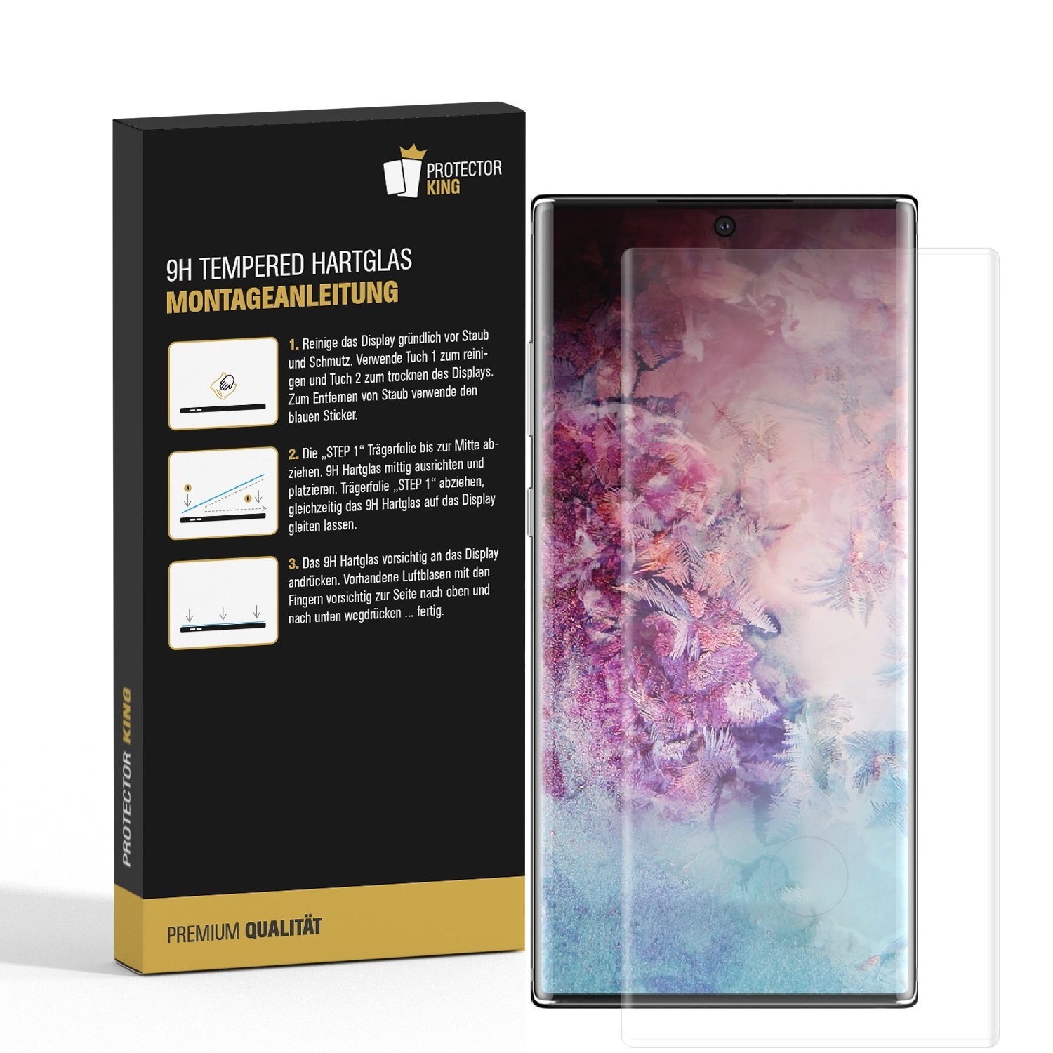 Telefon mit Displayschutz und Verpackung. Verpackung beinhaltet Anweisungen und Logo.