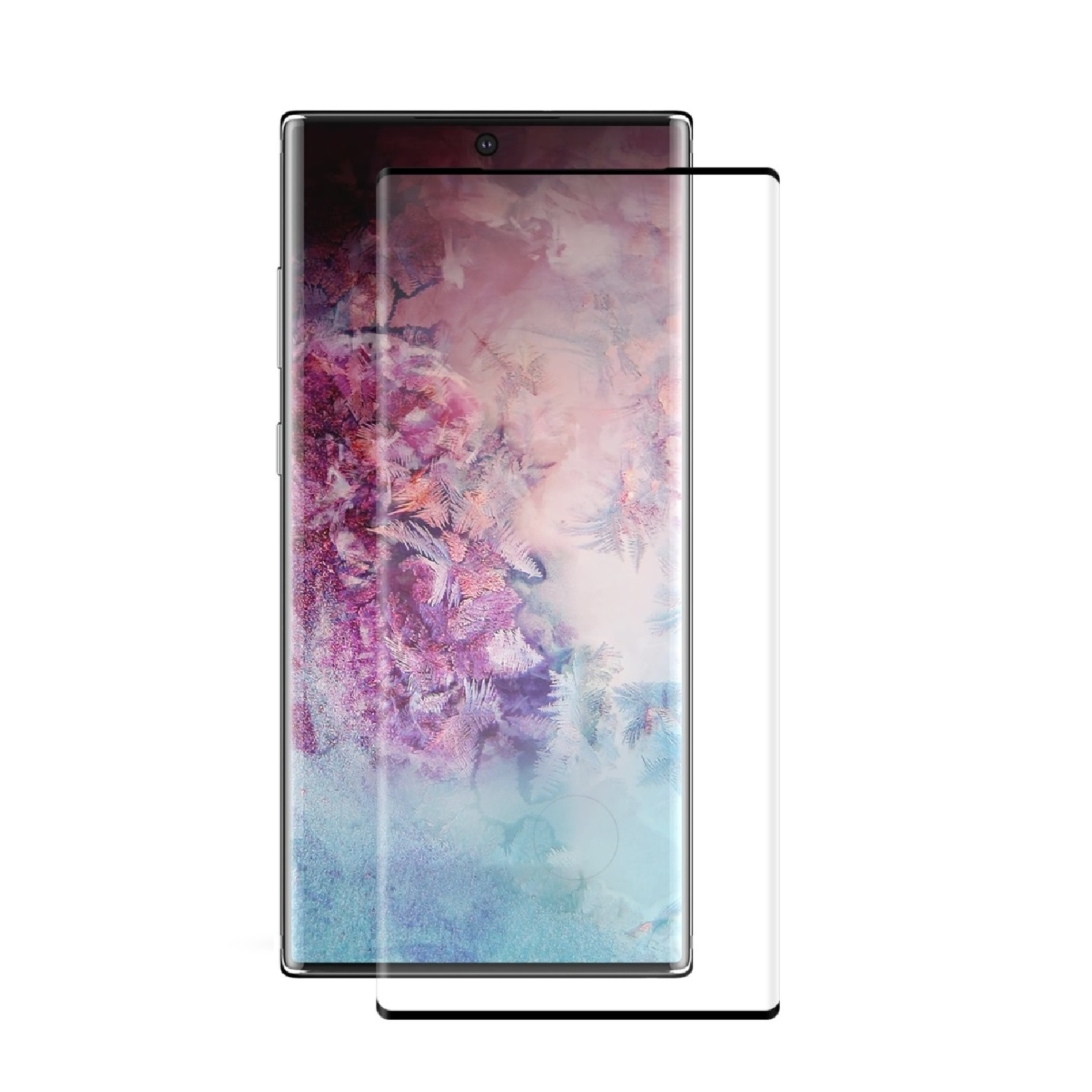 Telefon mit Displayschutz. Anzeige zeigt bunten, abstrakten Hintergrund. Schutzfolie rechts.