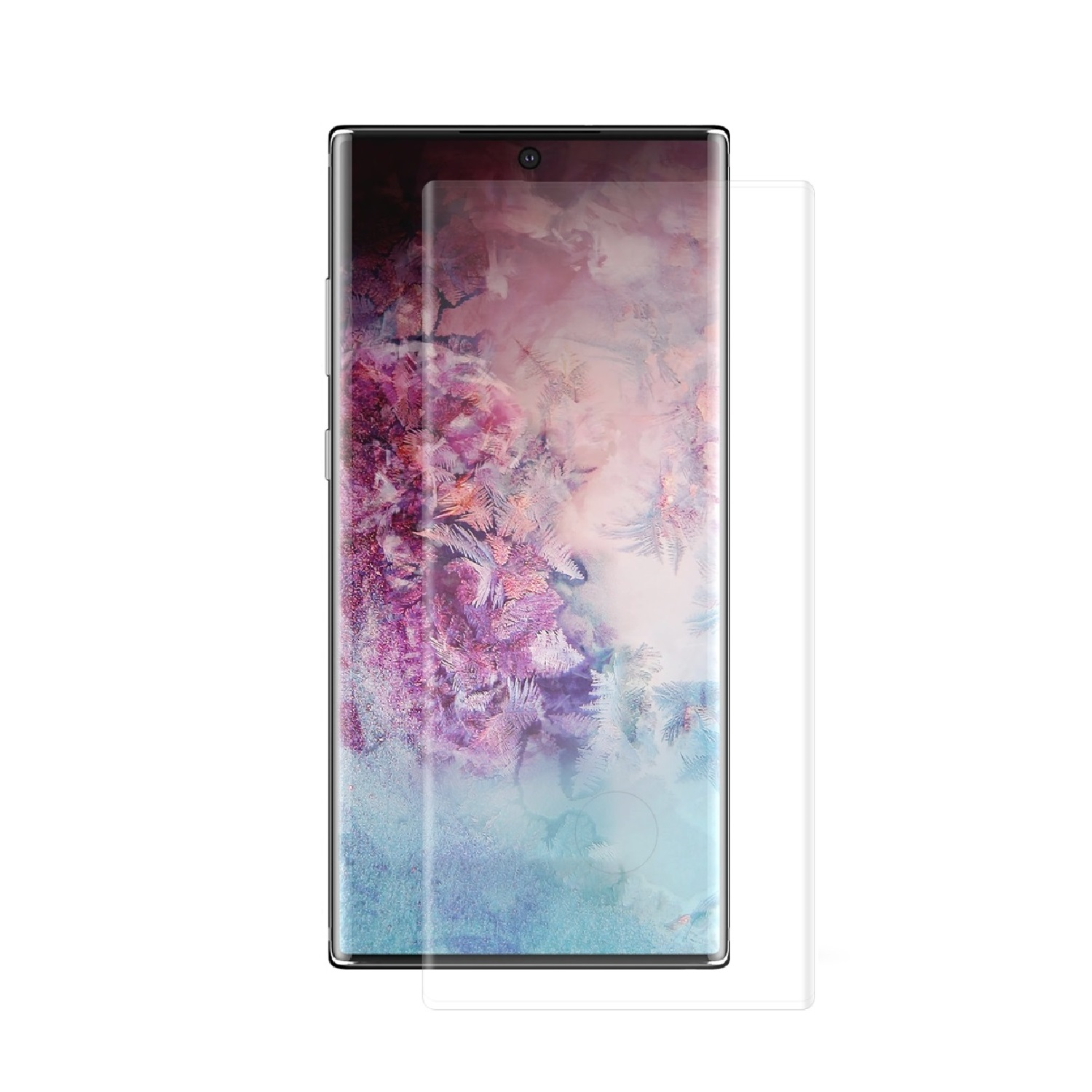 Telefon mit Displayschutz, abstrakter Hintergrund durch den Bildschirm sichtbar.