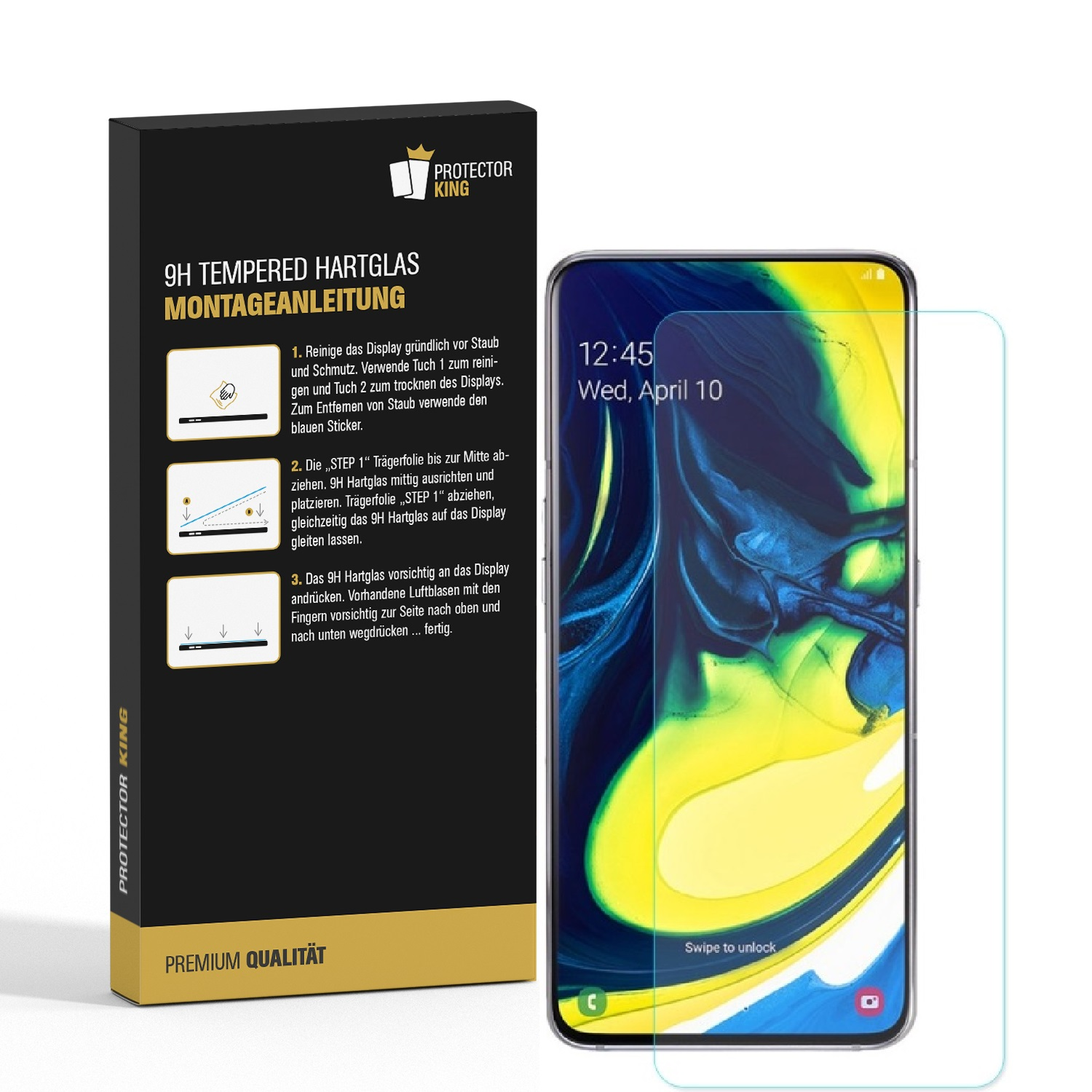 Telefon mit Displayschutz und Box. Installationsanleitung. Marke Protector King.