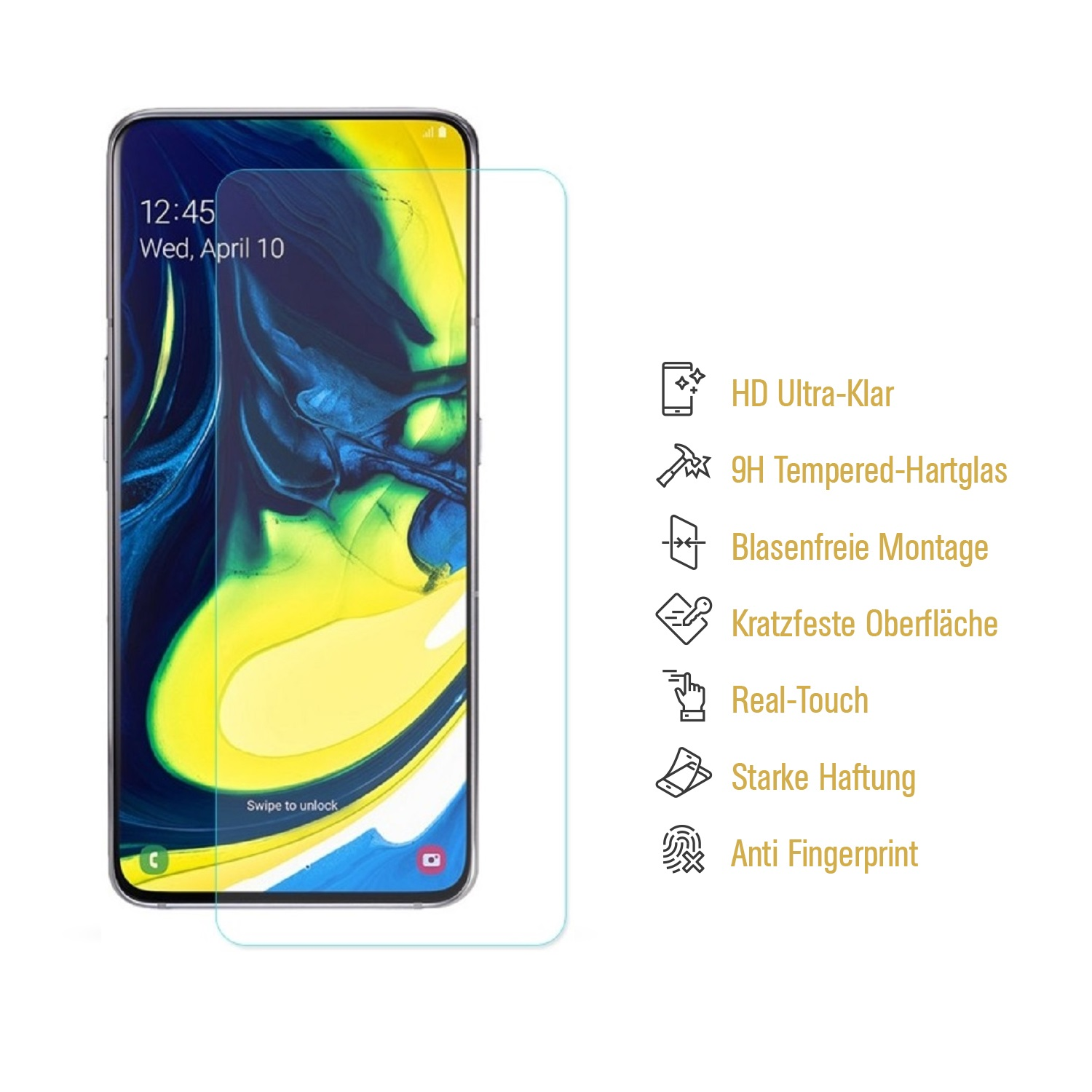 Telefon mit Displayschutz. Symbole, die Funktionen wie HD, Anti-Fingerprint usw. zeigen.