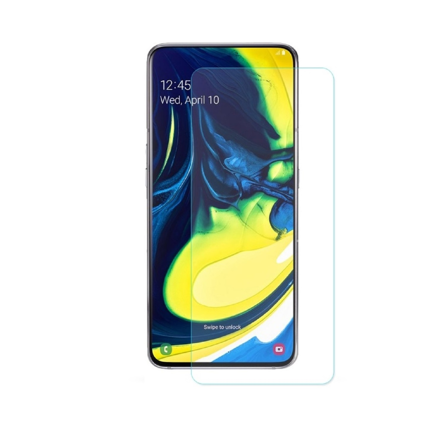Telefon mit Displayschutz, Anzeige von Uhrzeit, Datum und der Aufforderung zum Entsperren.