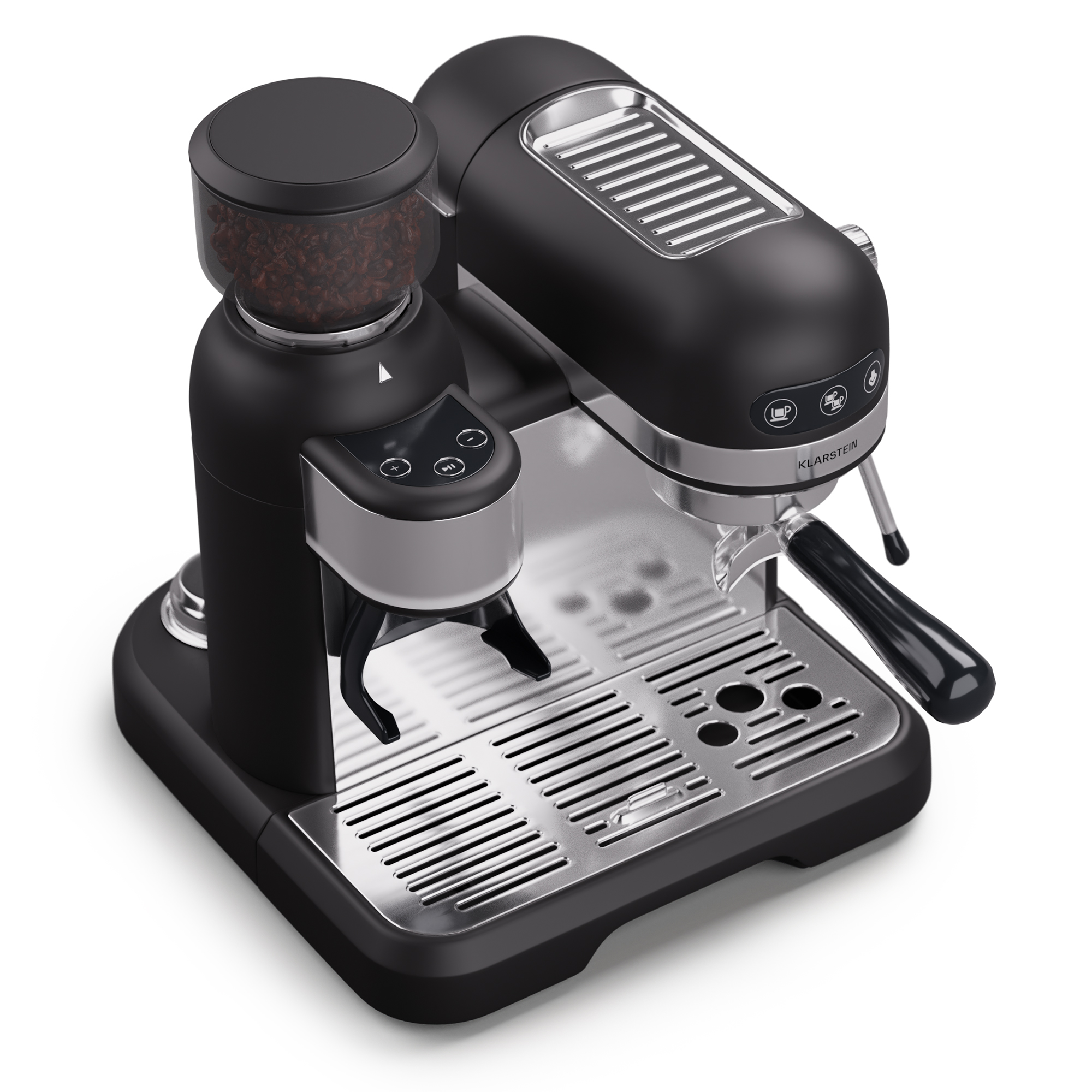 Schwarze Espressomaschine mit Mahlwerk, Knöpfen und Siebträger. Weißer Hintergrund.