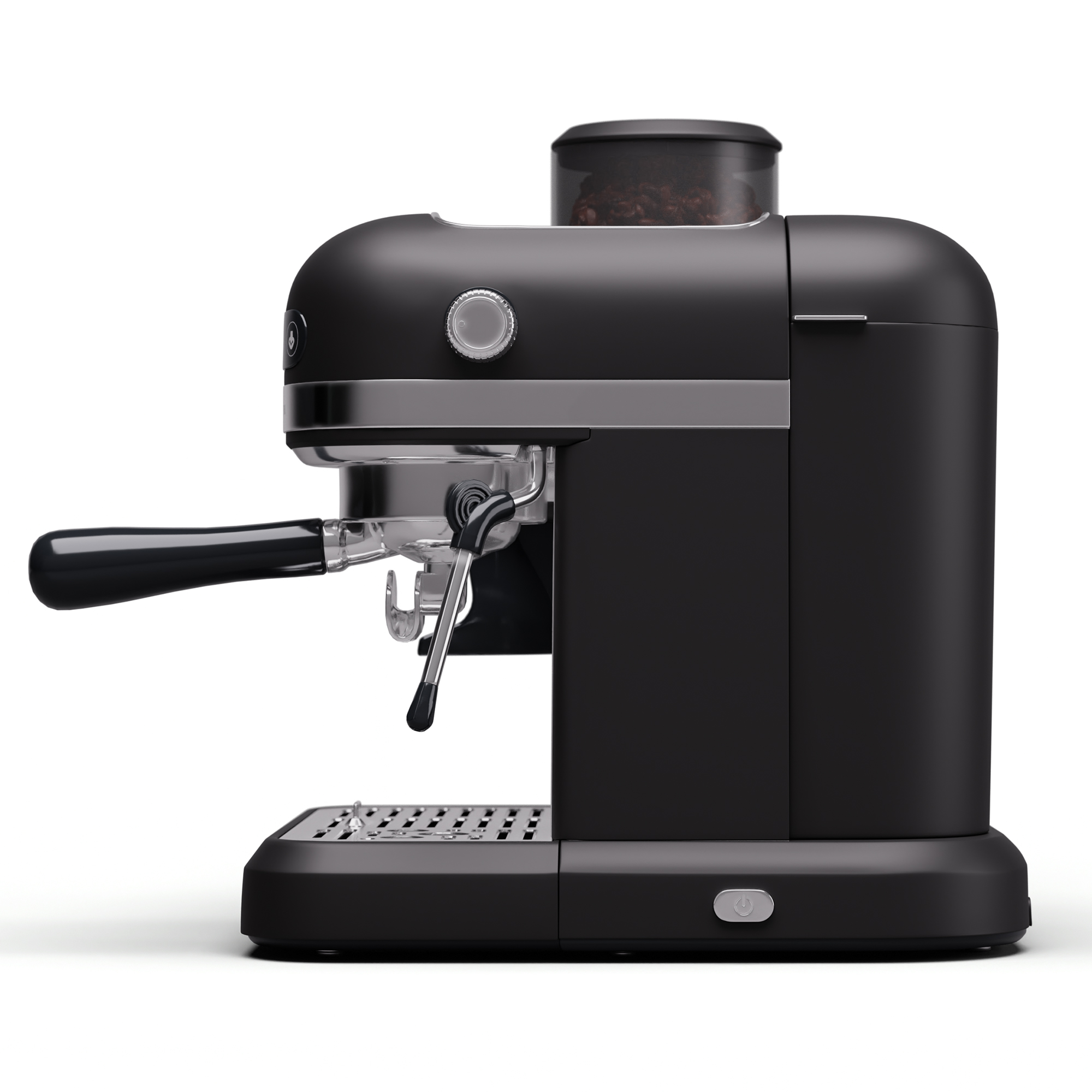 Schwarze Espressomaschine, Mahlwerk, Wasserauslauf und Knöpfe. Weißer Hintergrund.