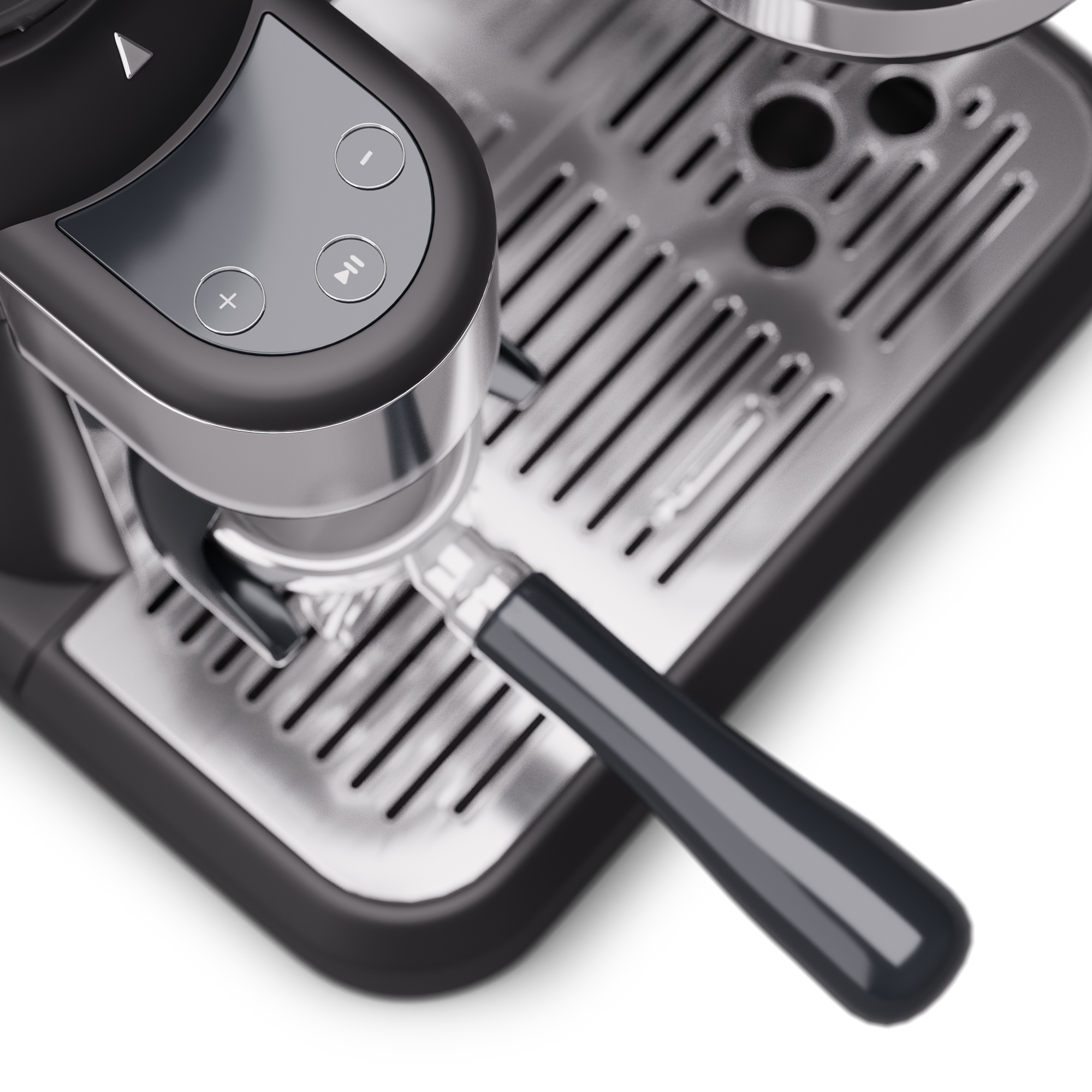 Espressomaschinendetail: Knöpfe, Siebträger und Oberfläche. Weißer Hintergrund.