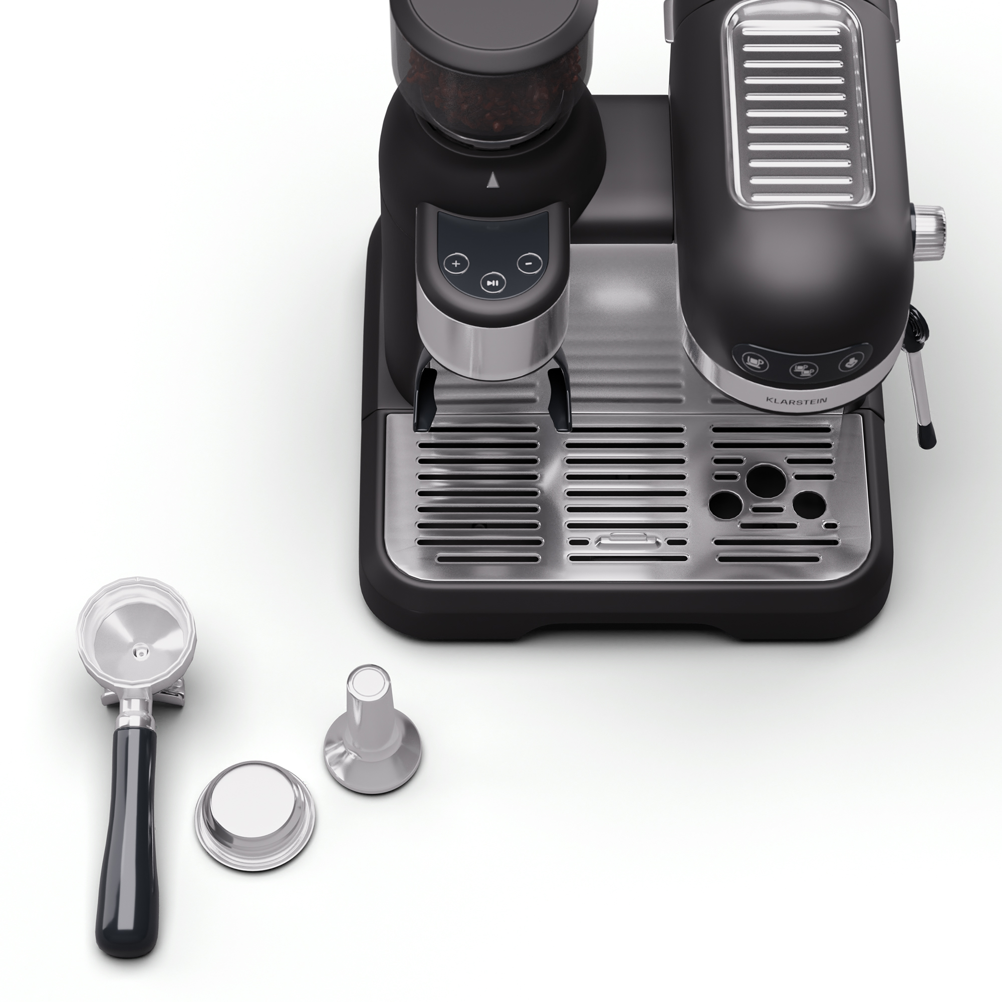 Espressomaschine mit Mahlwerk, Siebträger und Zubehör. Weißer Hintergrund.