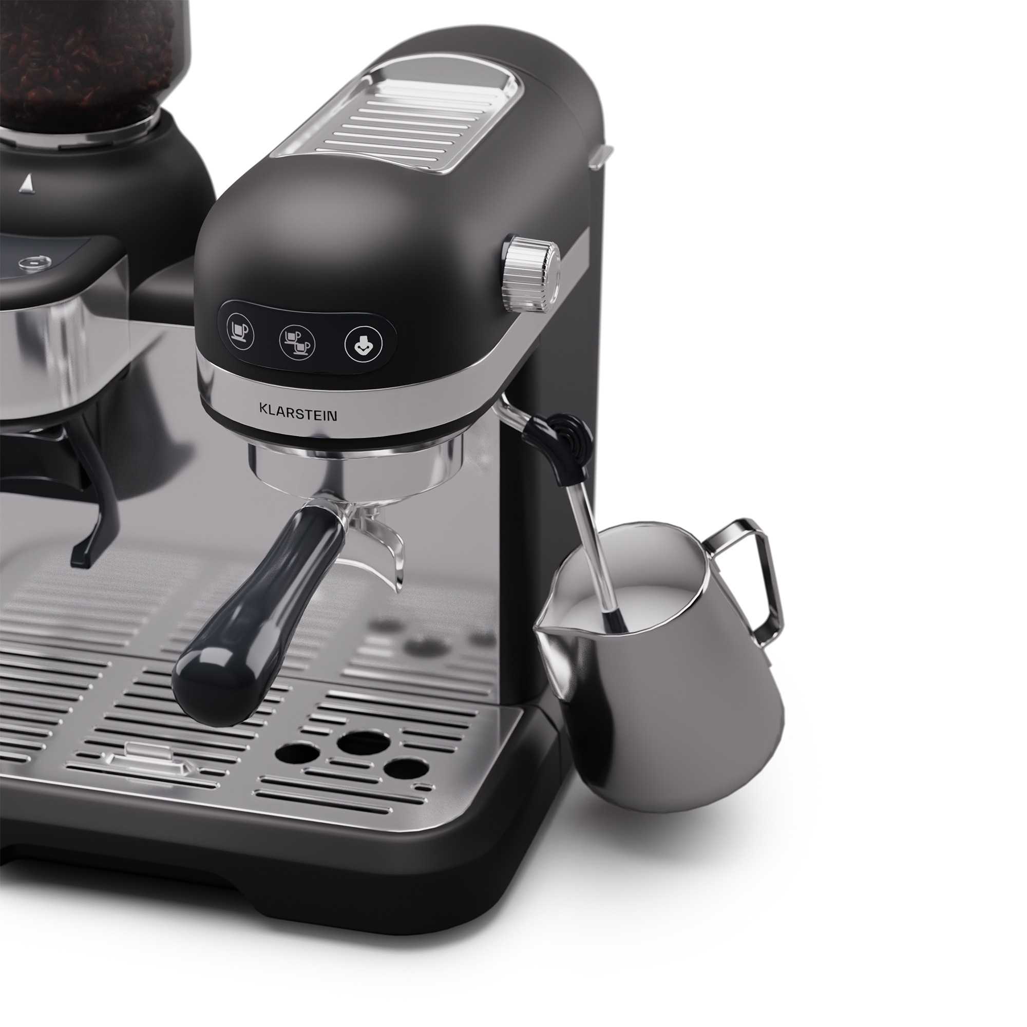 Espressomaschine mit Zubehör und Milchaufschäumer. Weißer Hintergrund.