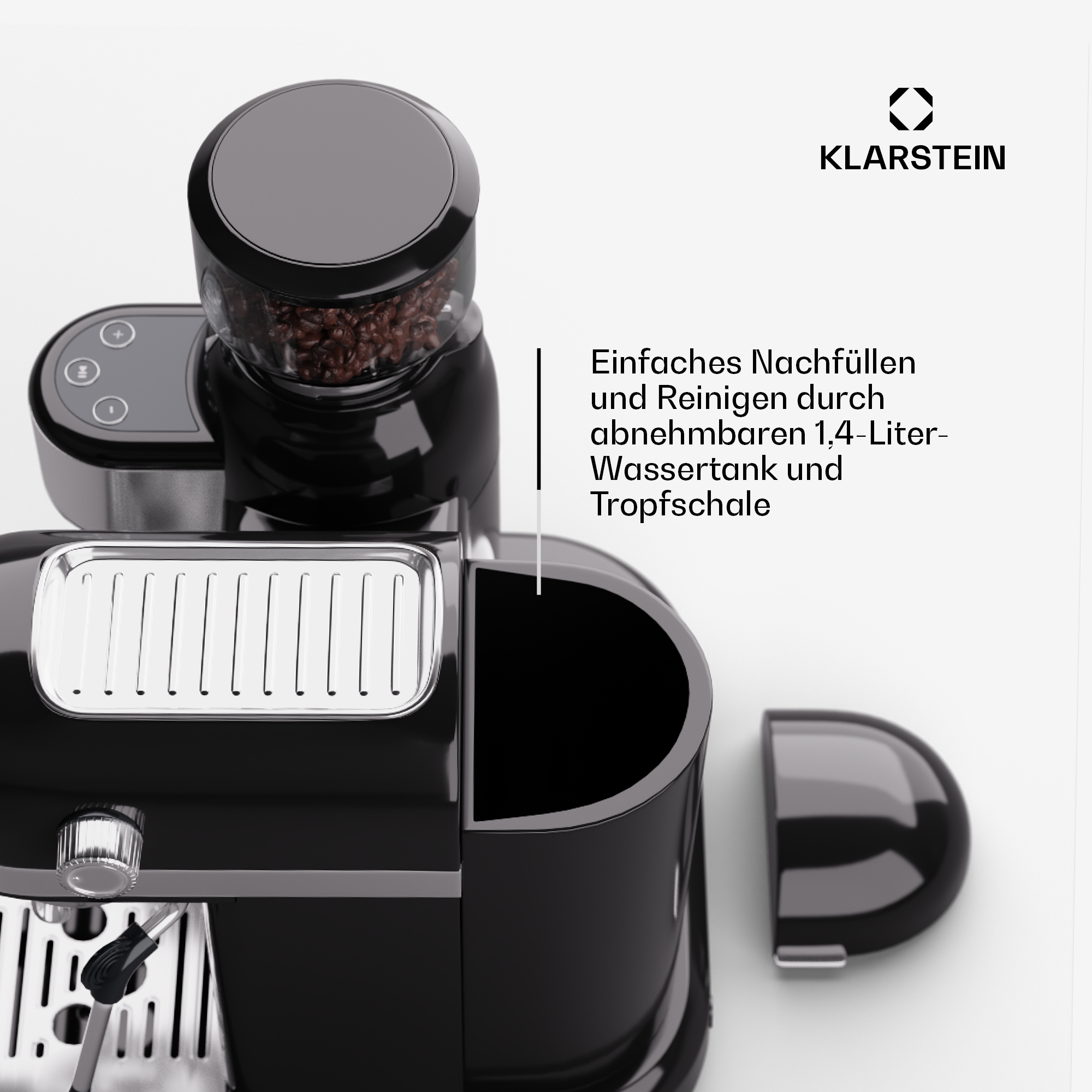 Schwarze Kaffeemaschine mit Bohnenmahler, Wassertank und deutschem Text.