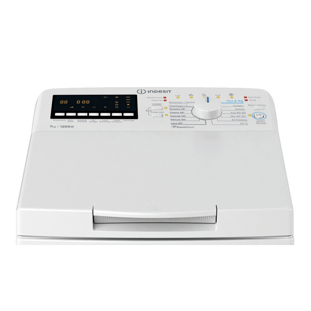 Biały panel sterowania pralki z różnymi przyciskami i wyświetlaczem cyfrowym.